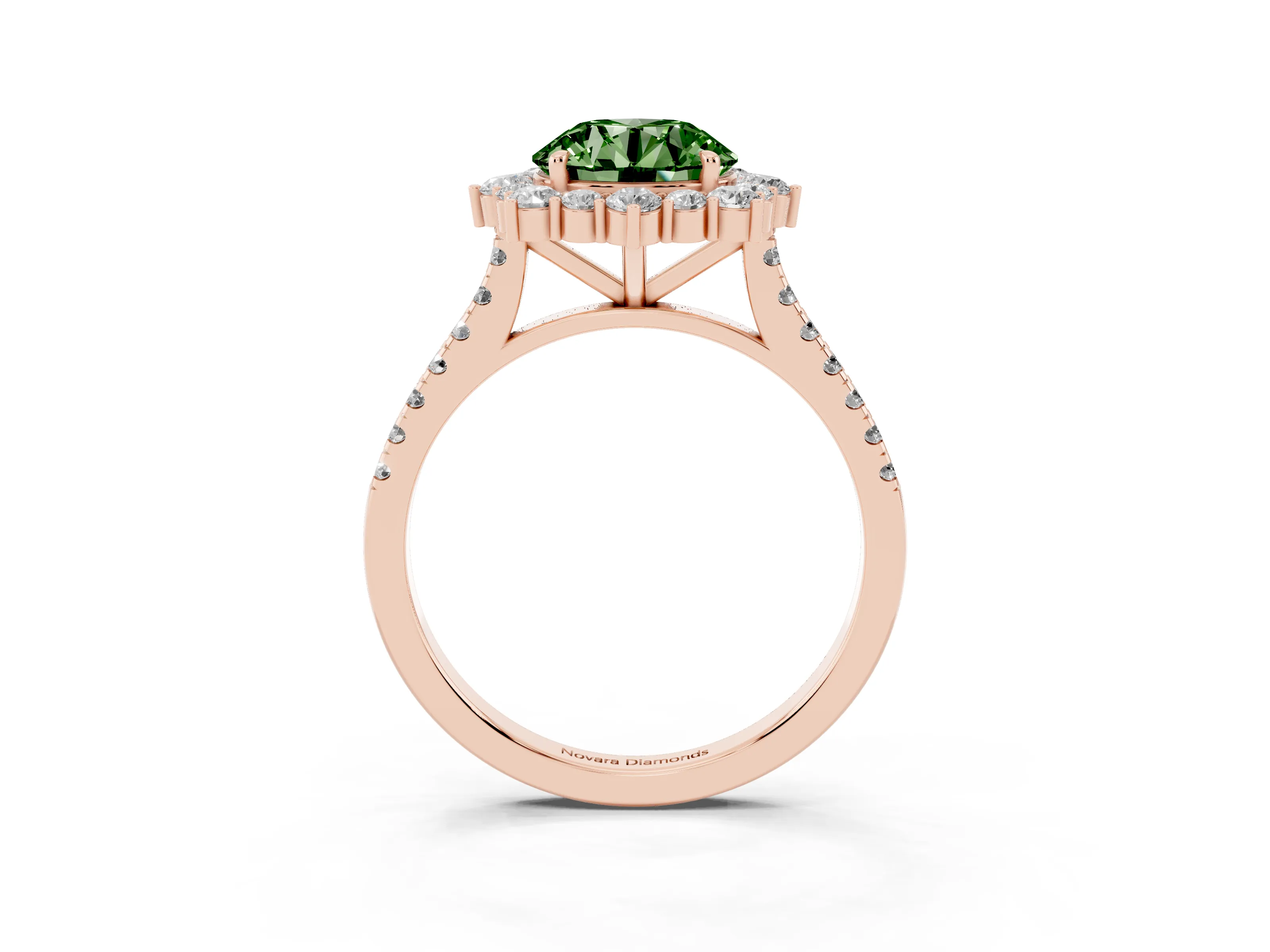 Fancy Green Round Cut Diamond Halo Ring Set in Rose gold with Pavé Band and Prong Setting