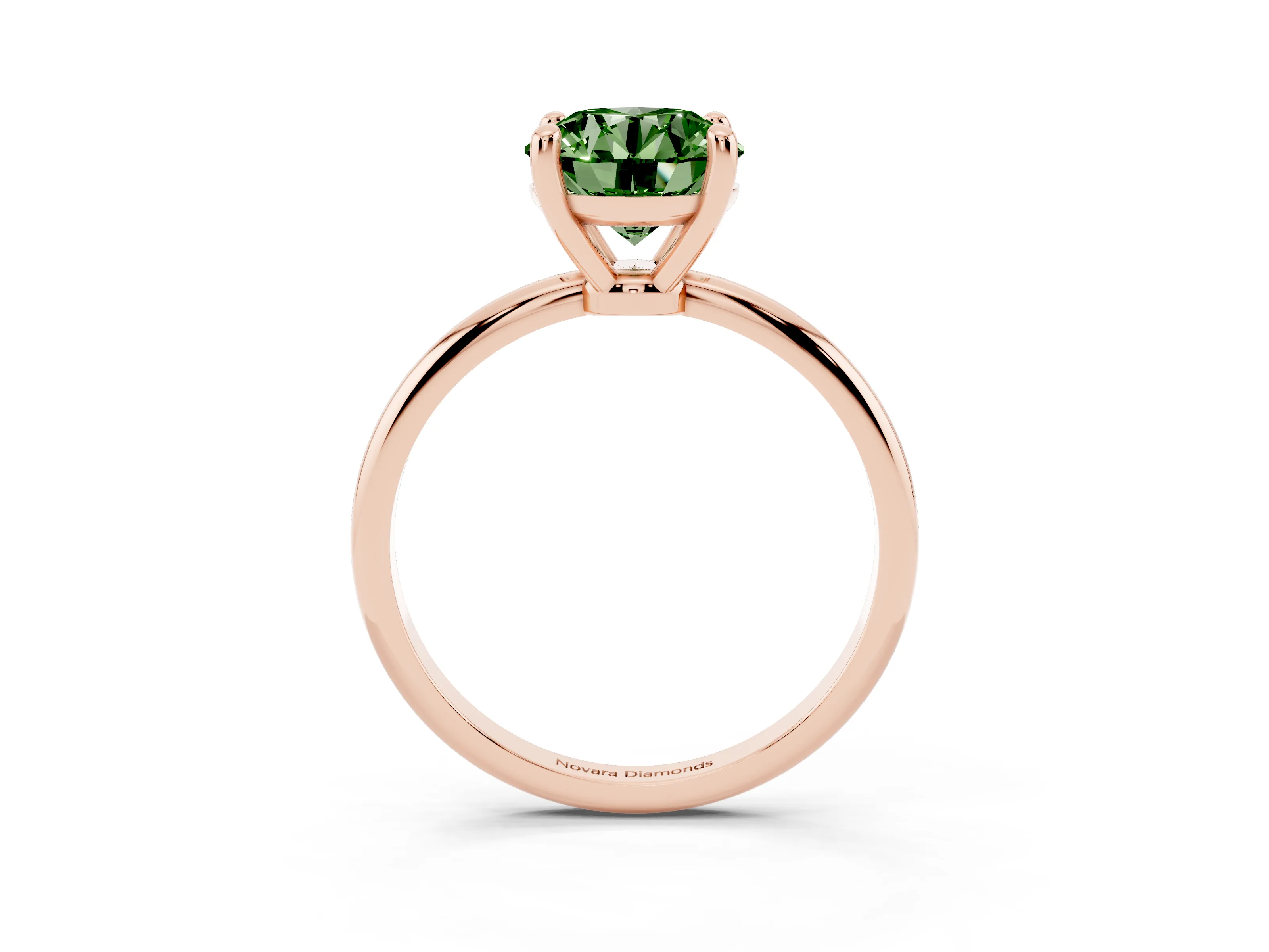 Fancy Green Round Cut Diamond Solitaire Ring Set in Rose gold with Secure Prong Setting on a Classic Band