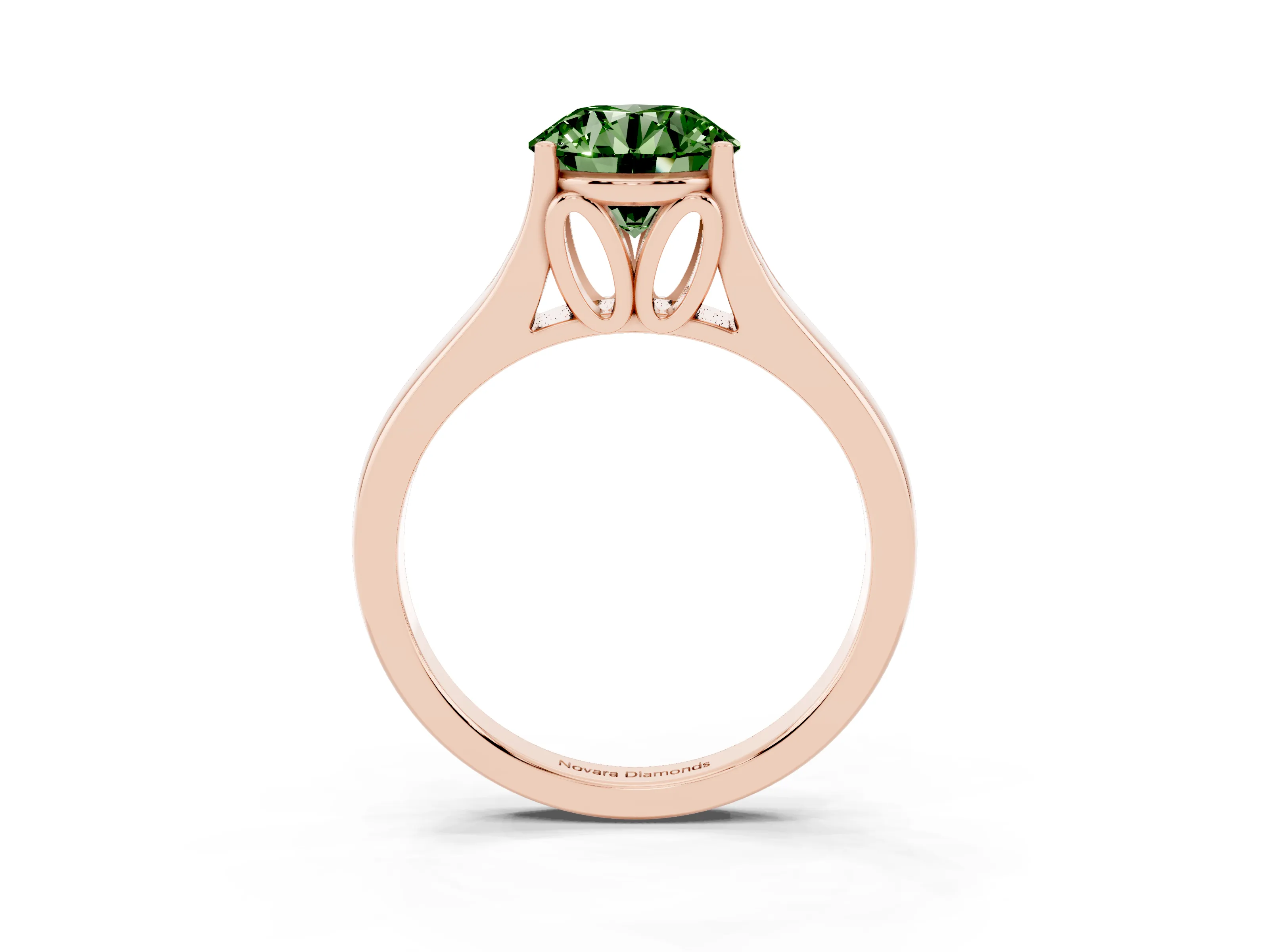 Fancy Green Round Cut Diamond Solitaire Ring Set in Rose gold with Arched Cathedral Band and Prong Setting