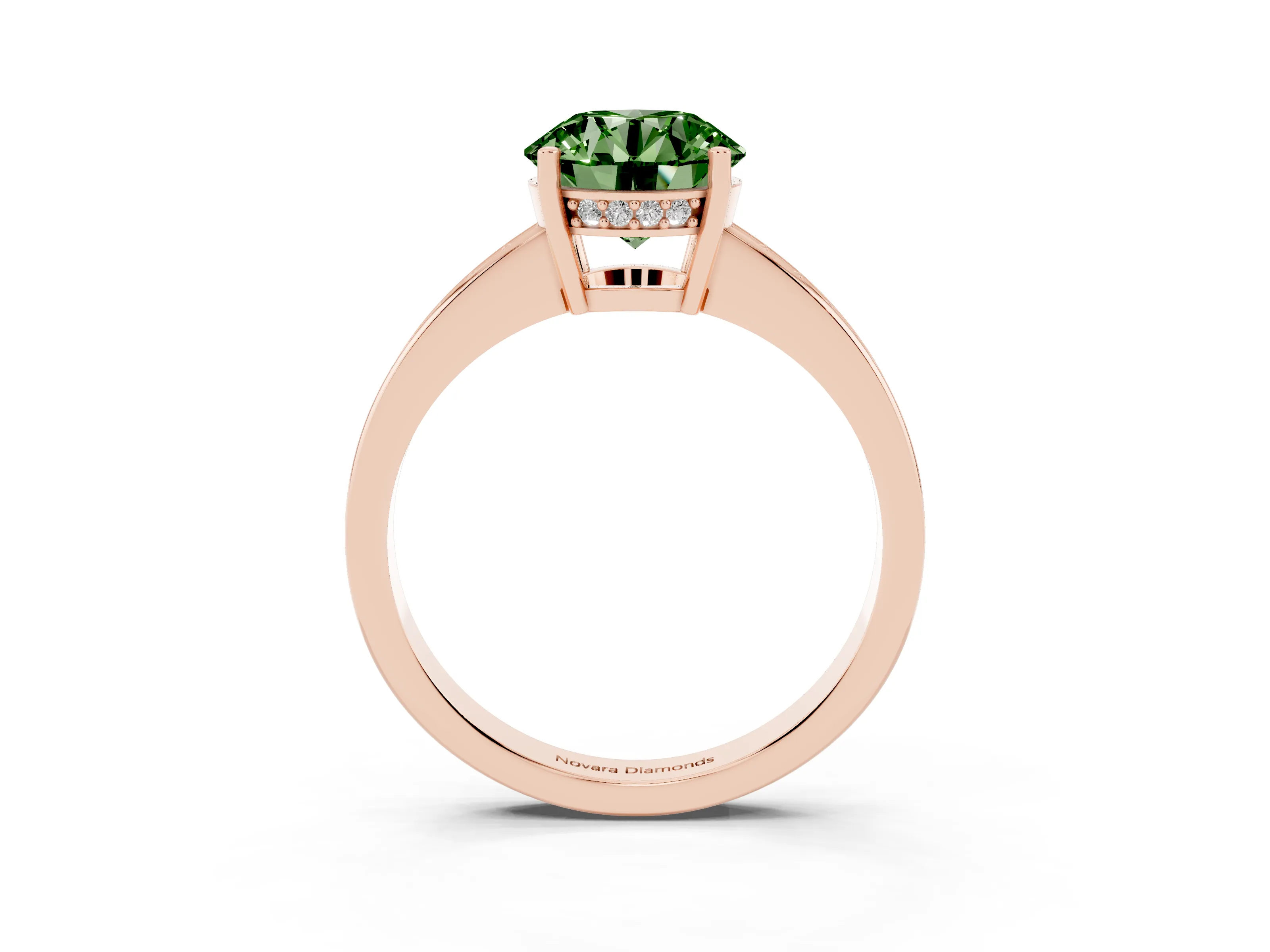 Fancy Green Round Cut Diamond Pavé Band Prong Set Solitaire Ring Set in Rose gold