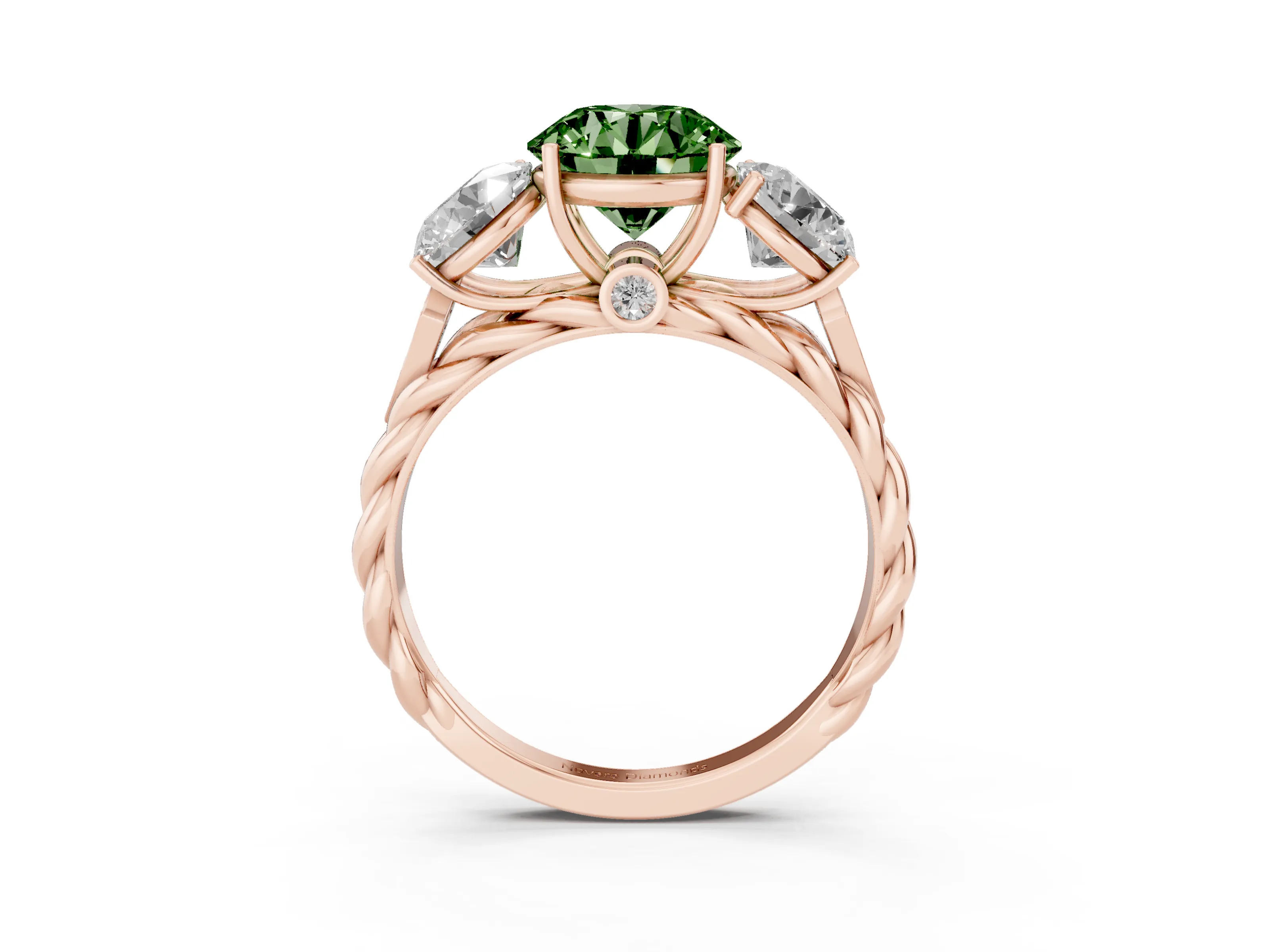 Fancy Green Round Cut Diamond Three-Stone Ring Set in Rose gold with Braided Band