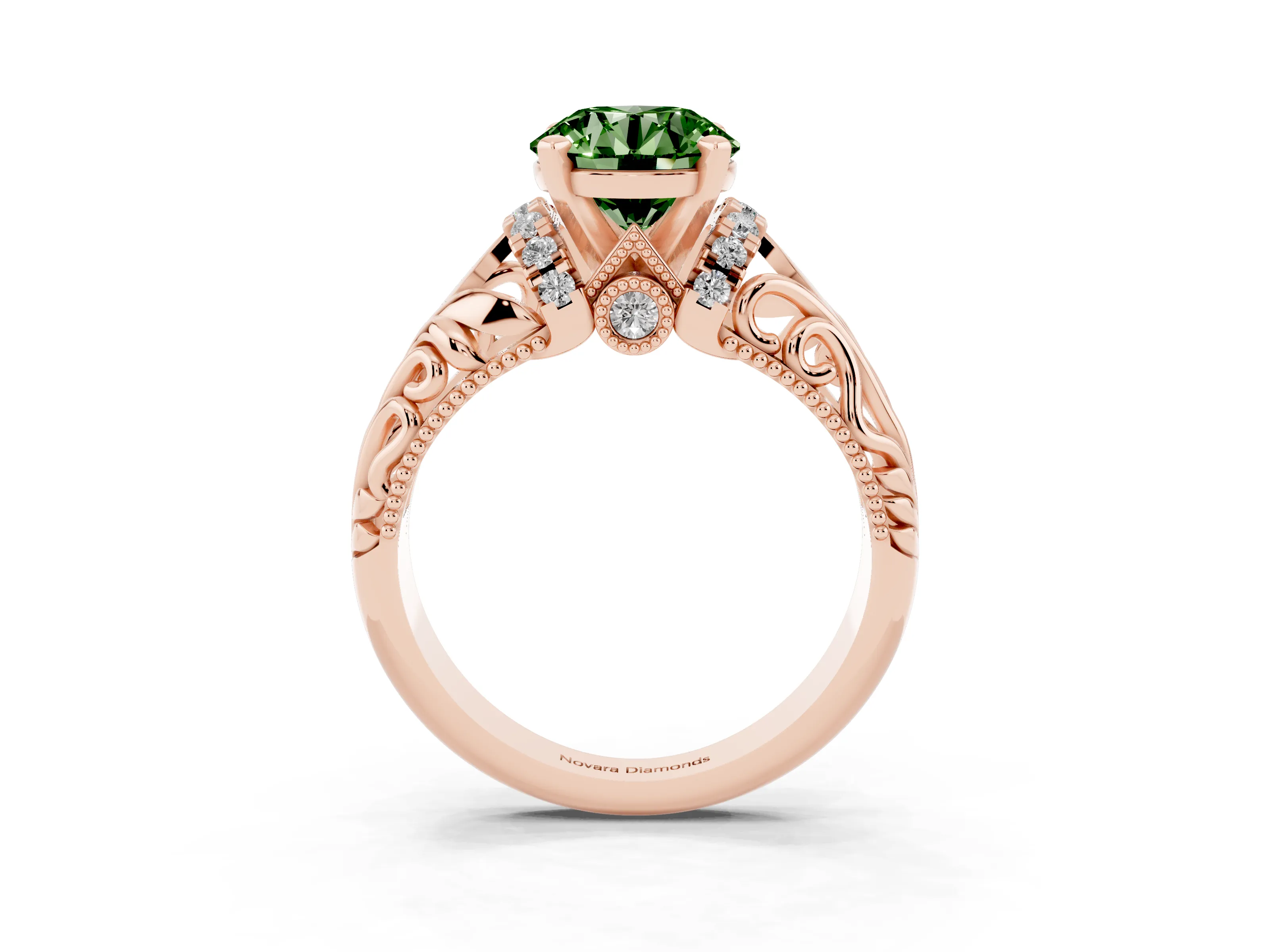 Fancy Green Round Cut Diamond Filigree Halo Engagement Ring Set in Rose gold with Prong Setting