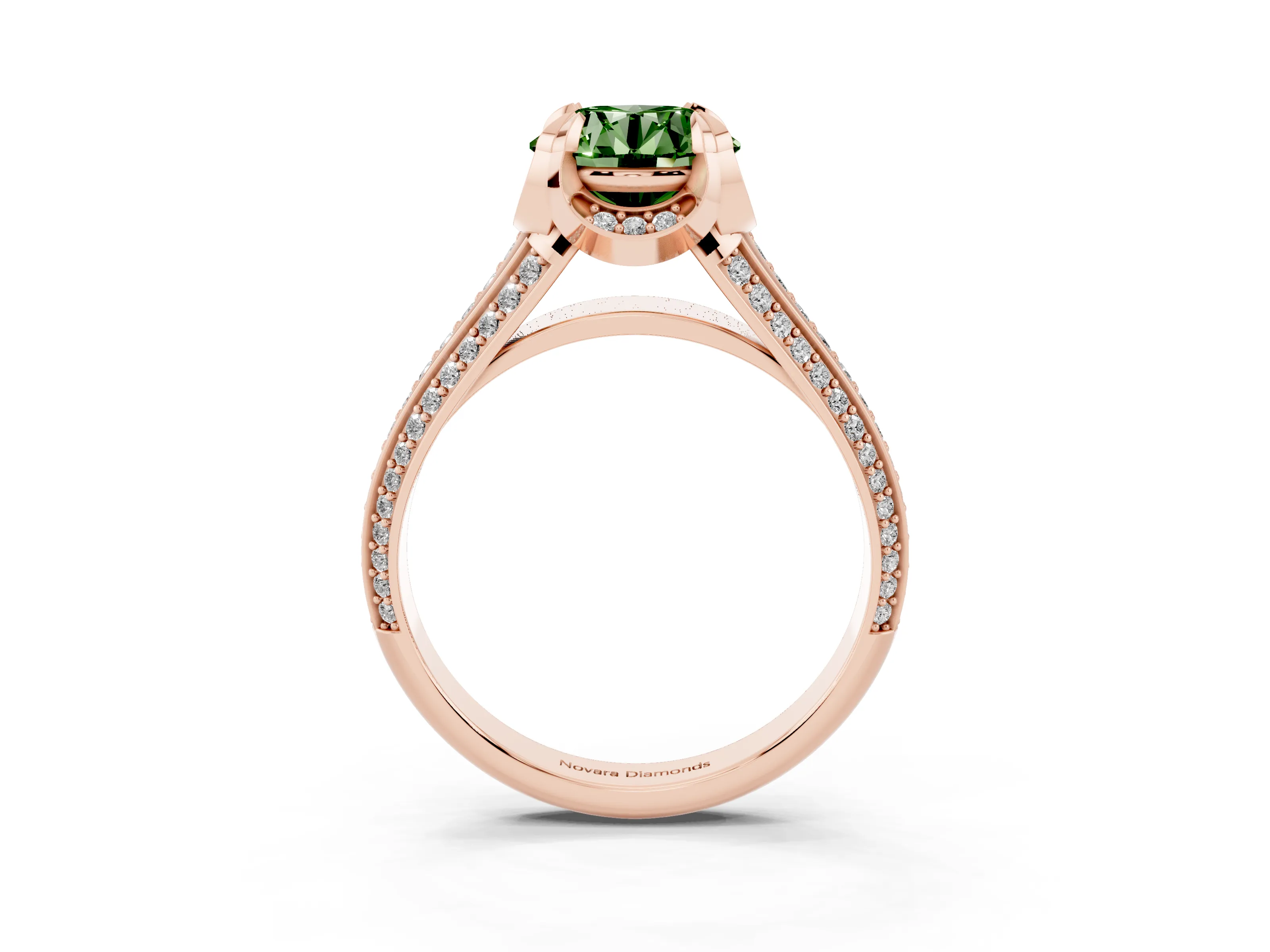 Fancy Green Round Cut Diamond Pavé Split Shank Solitaire Ring Set in Rose gold with Prong Setting