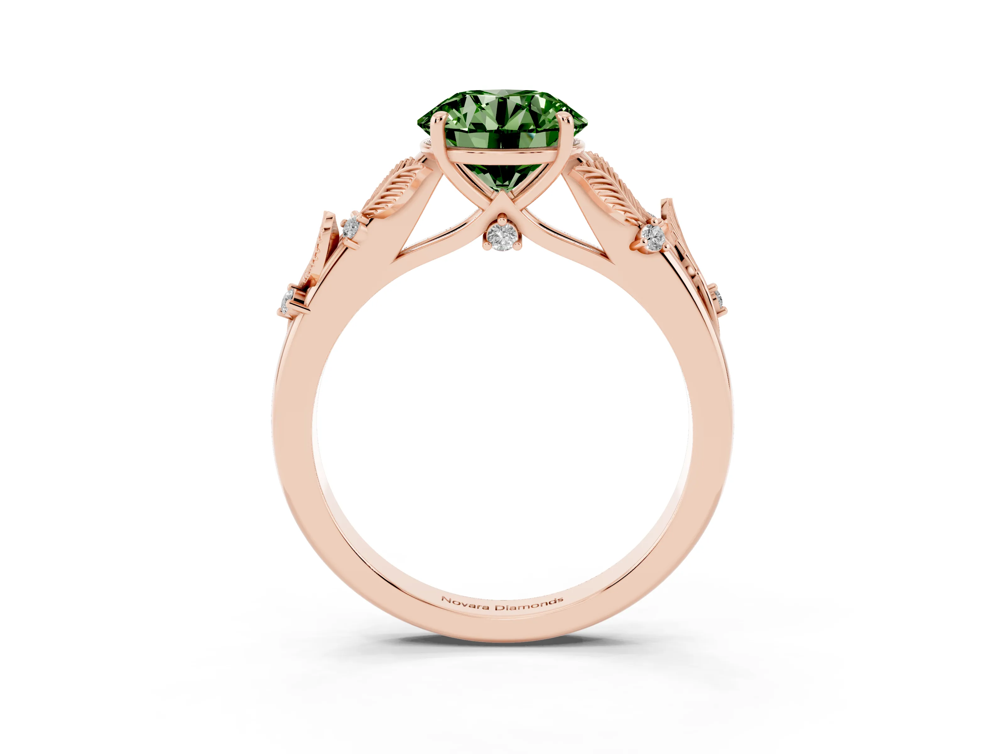 Fancy Green Round Cut Diamond Solitaire Ring Set in Rose gold with Leaf Motif Band