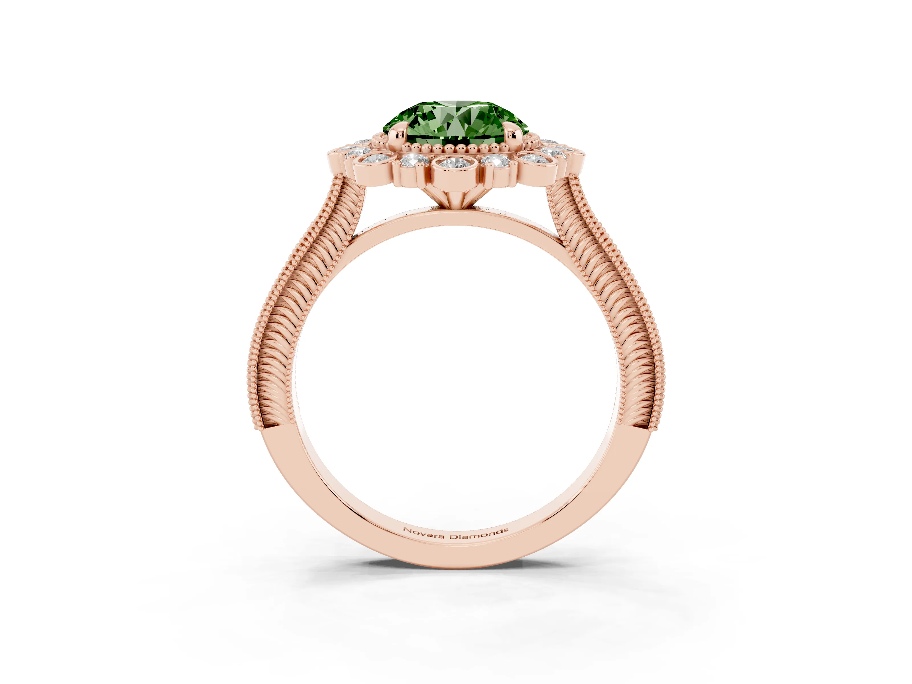 Fancy Green Round Cut Diamond Halo Milgrain Pavé Ring Set in Rose gold with Prong Setting