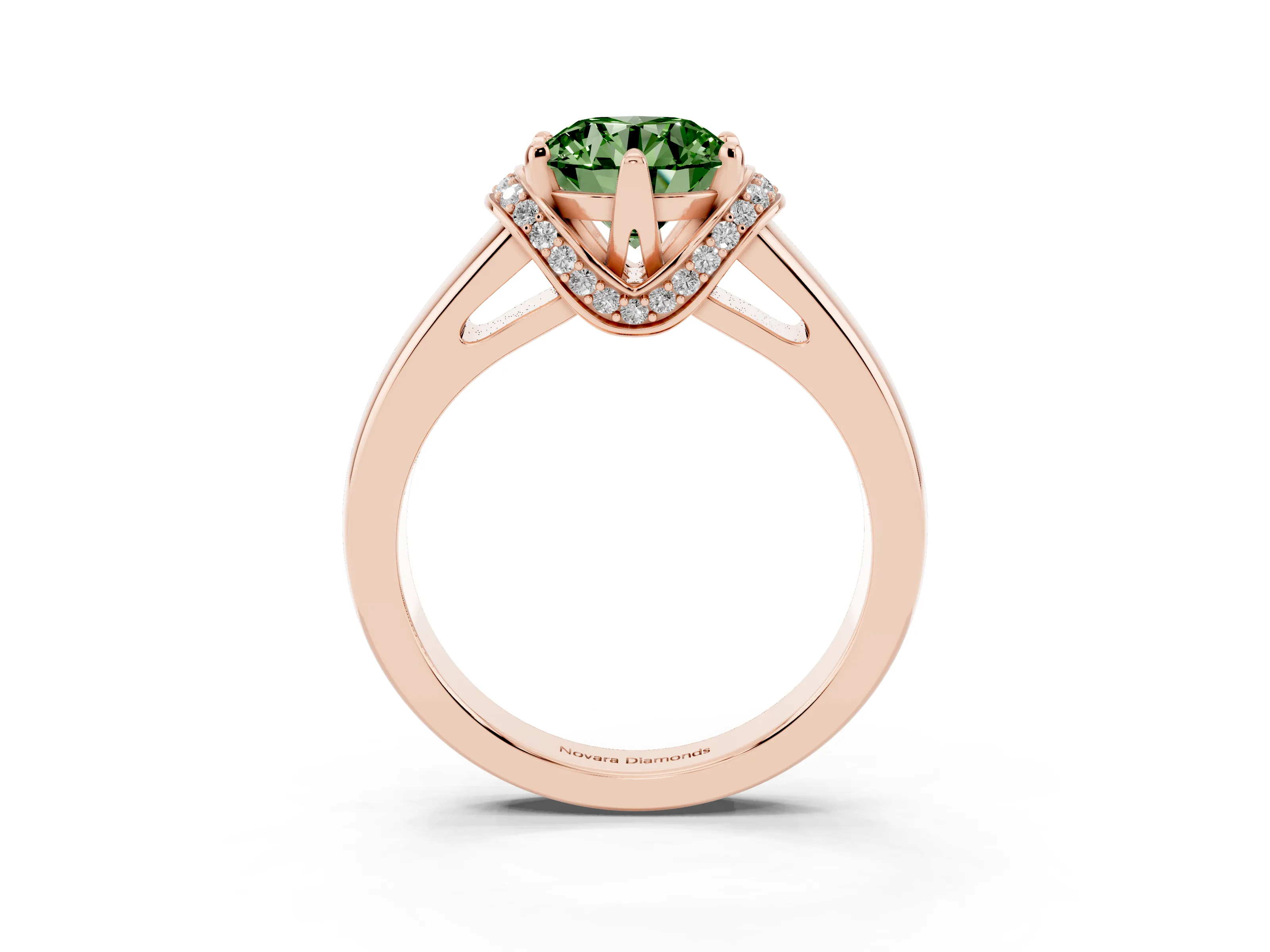 Fancy Green Round Cut Diamond Pavé Band Solitaire Ring Set in Rose gold with Prong Setting