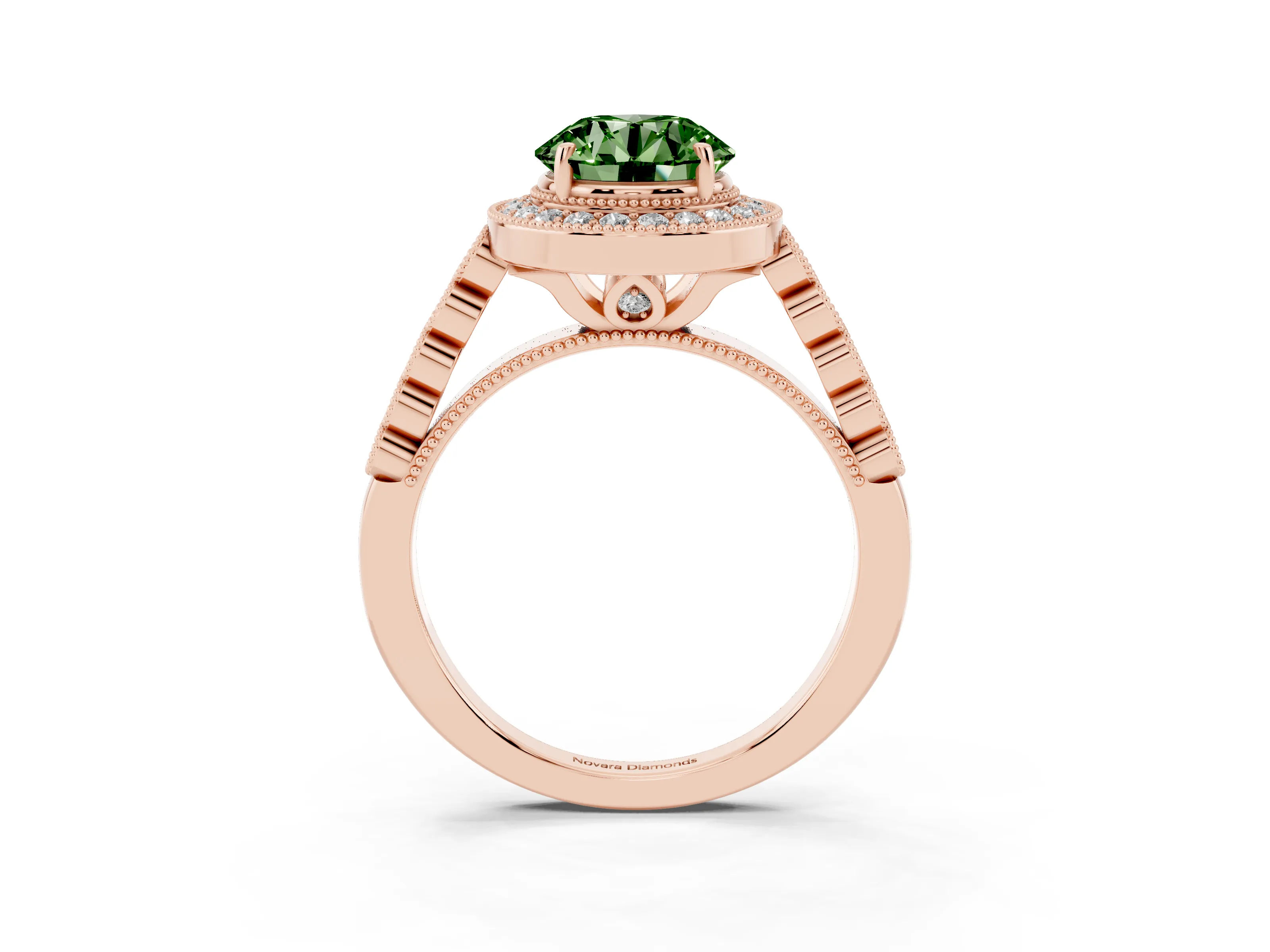 Fancy Green Round Cut Diamond Milgrain Halo Solitaire Ring Set in Rose gold with Bezel Set Side Stones and Pavé Band