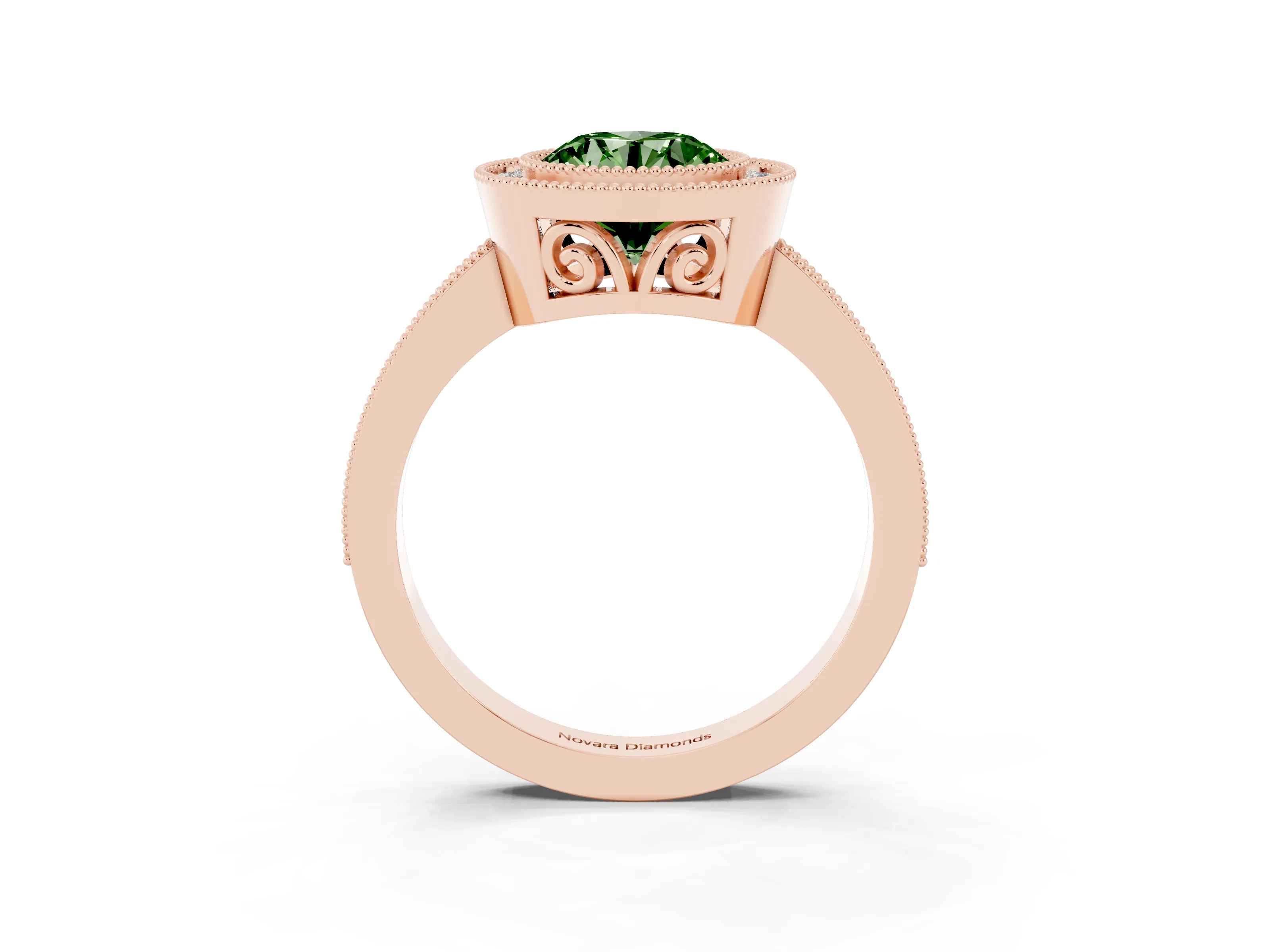 Fancy Green Round Cut Diamond Halo Ring Set in Rose gold with Pavé Band and Milgrain-Edged Prongs