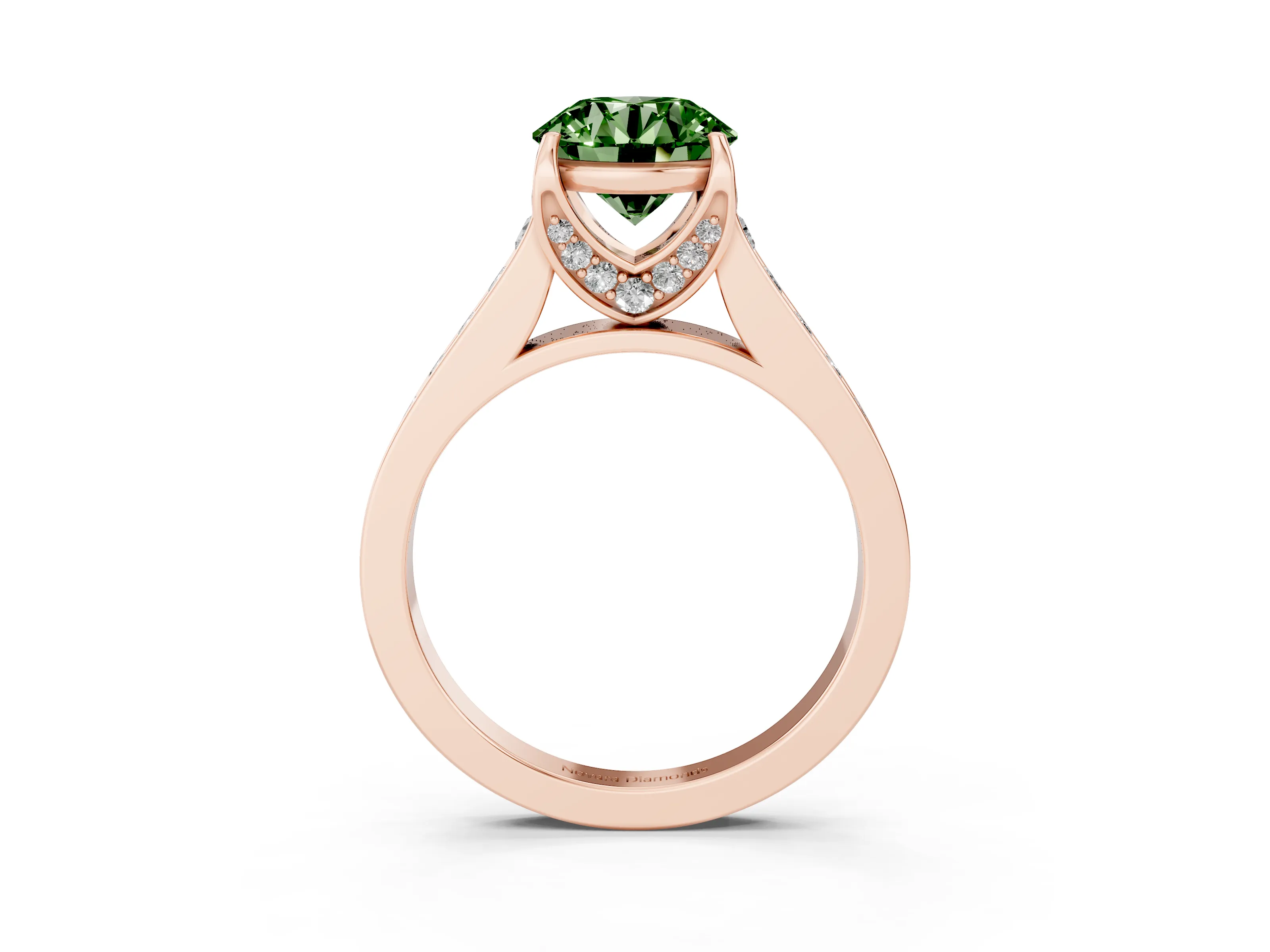 Fancy Green Round Cut Diamond Solitaire Pavé Engagement Ring Set in Rose gold with Prong Setting