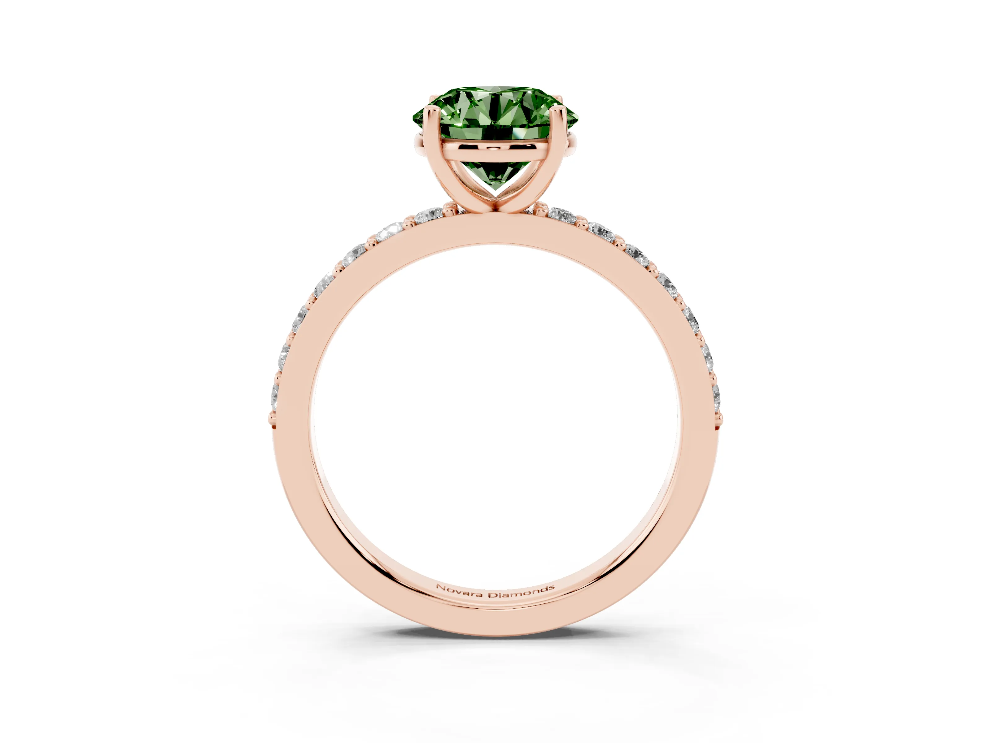 Fancy Green Round Cut Diamond Solitaire Set in Rose gold with Round Pavé Band and Prong Setting