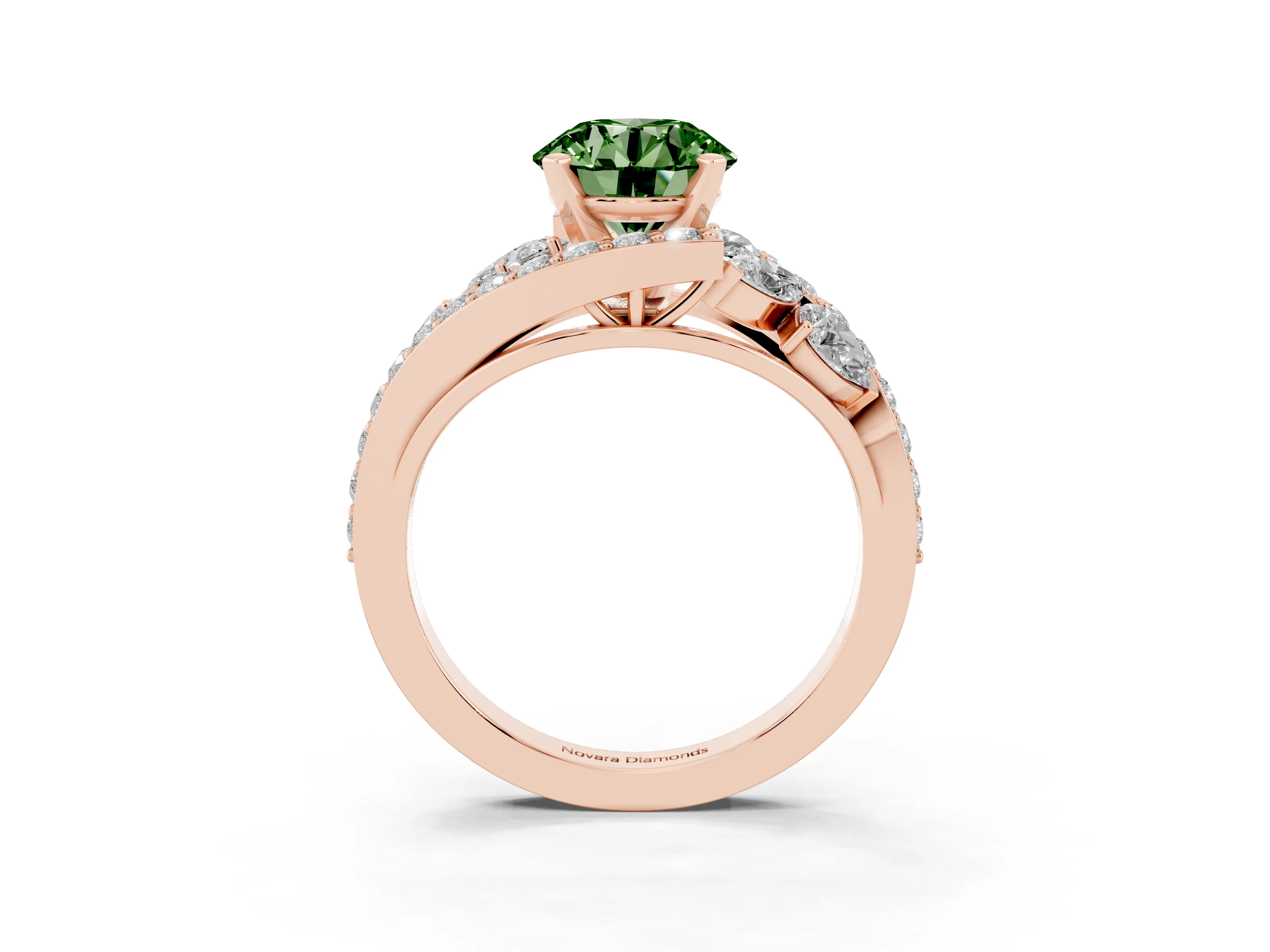 Fancy Green Round Cut Diamond Halo Ring Set in Rose gold with Marquise and Pavé Band in Prong Setting