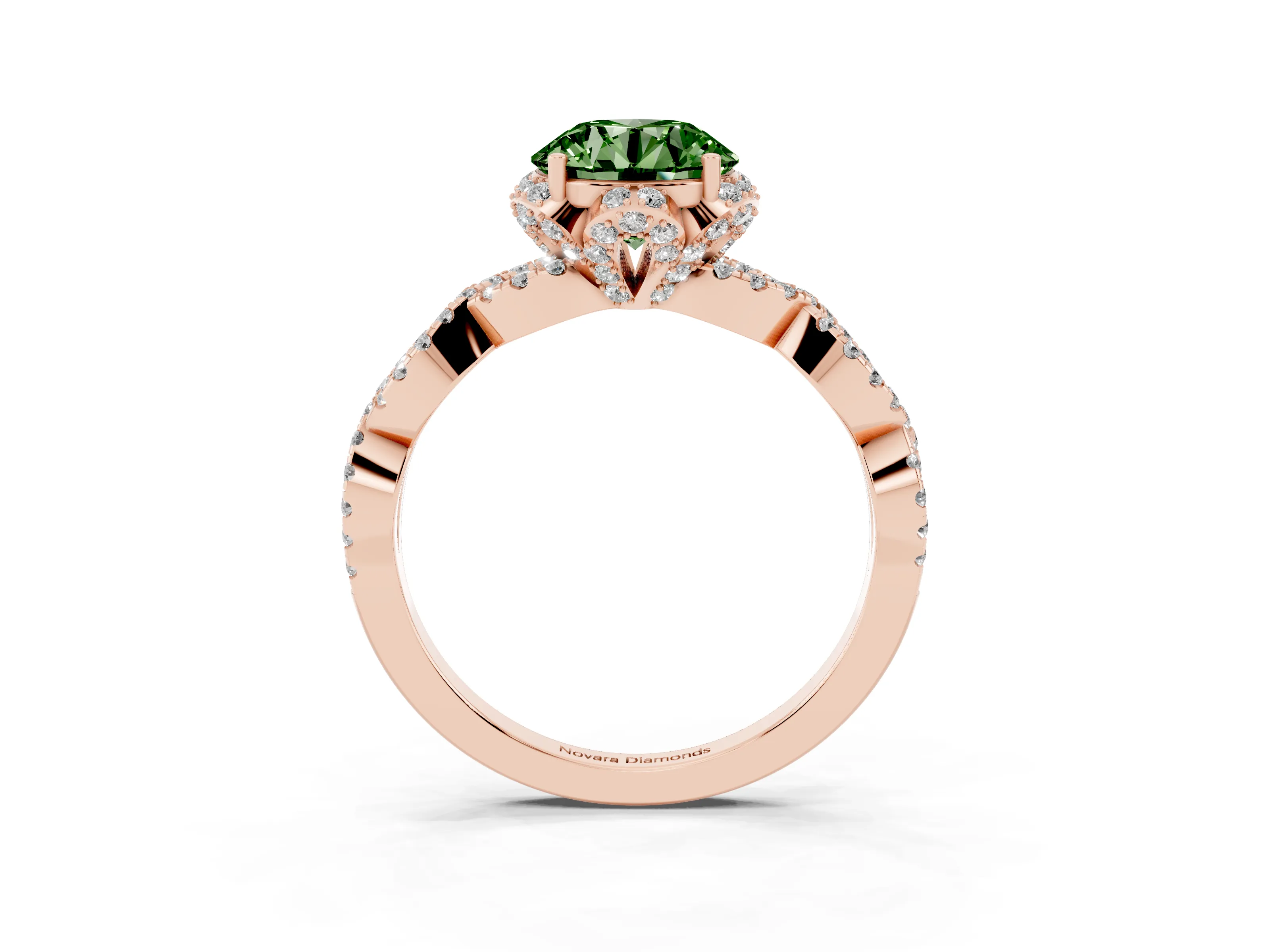 Fancy Green Round Cut Diamond Halo Twist Band Solitaire Ring Set in Rose gold with Prong-Set Center Stone