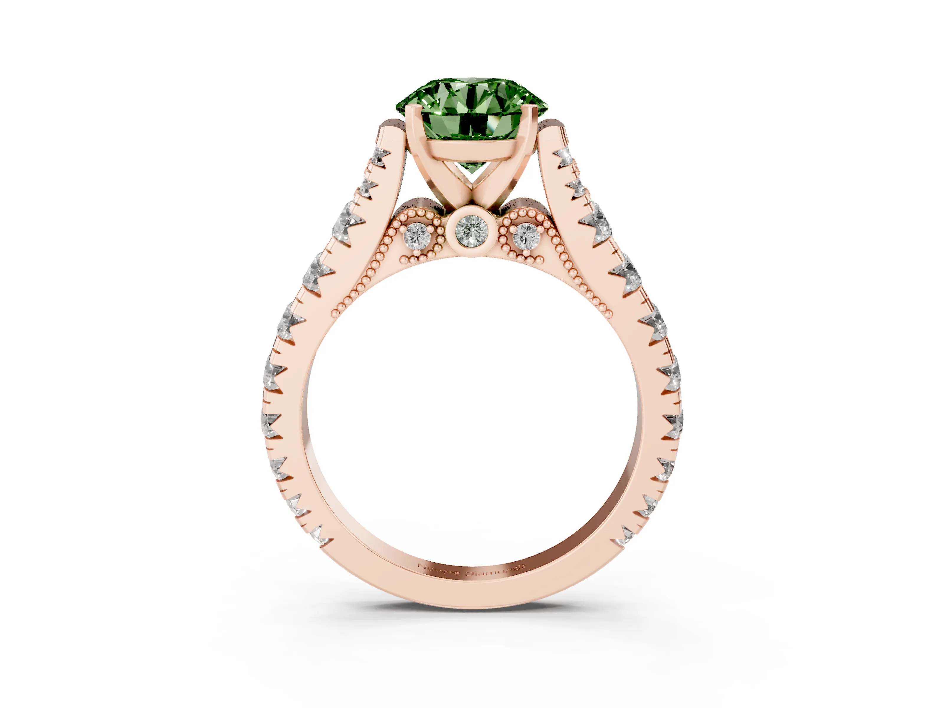 Fancy Green Round Cut Diamond Classic Solitaire Ring Set in Rose gold with Pavé Band and Prong Setting