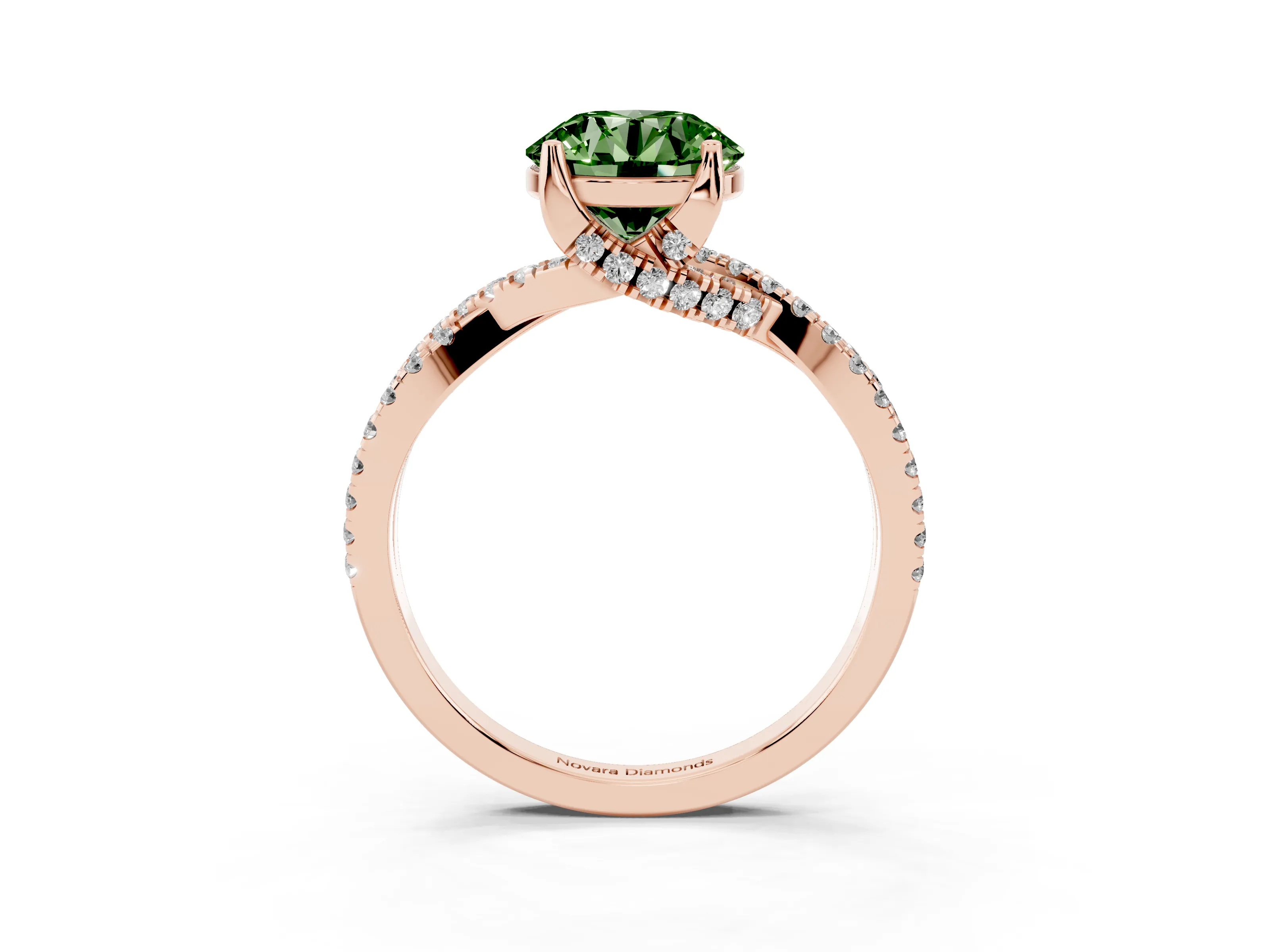 Fancy Green Round Cut Diamond Twist Pavé Solitaire Engagement Ring Set in Rose gold with Prong Setting