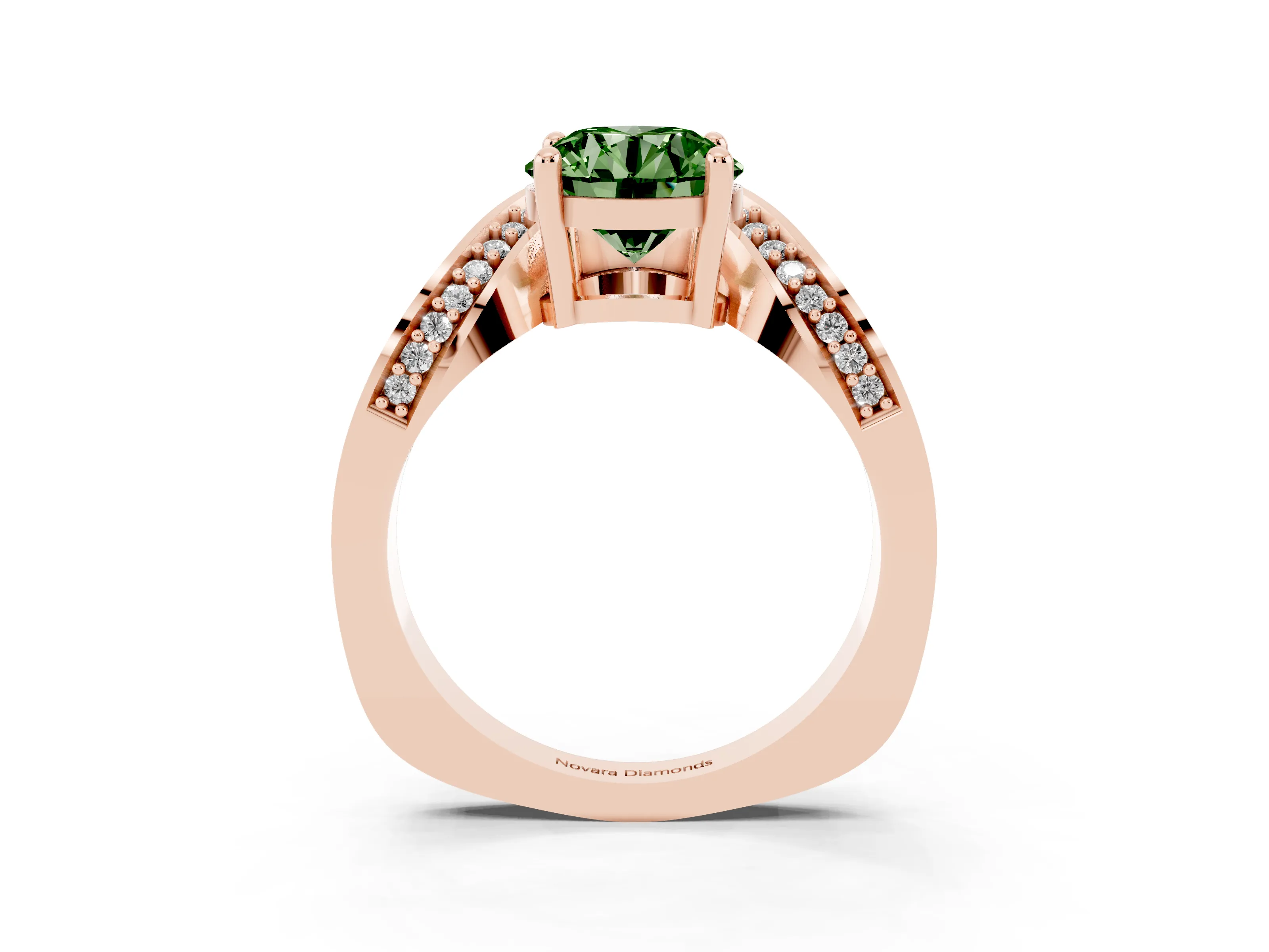 Fancy Green Round Cut Diamond Solitaire Engagement Ring Set in Rose gold with Pavé Shoulders