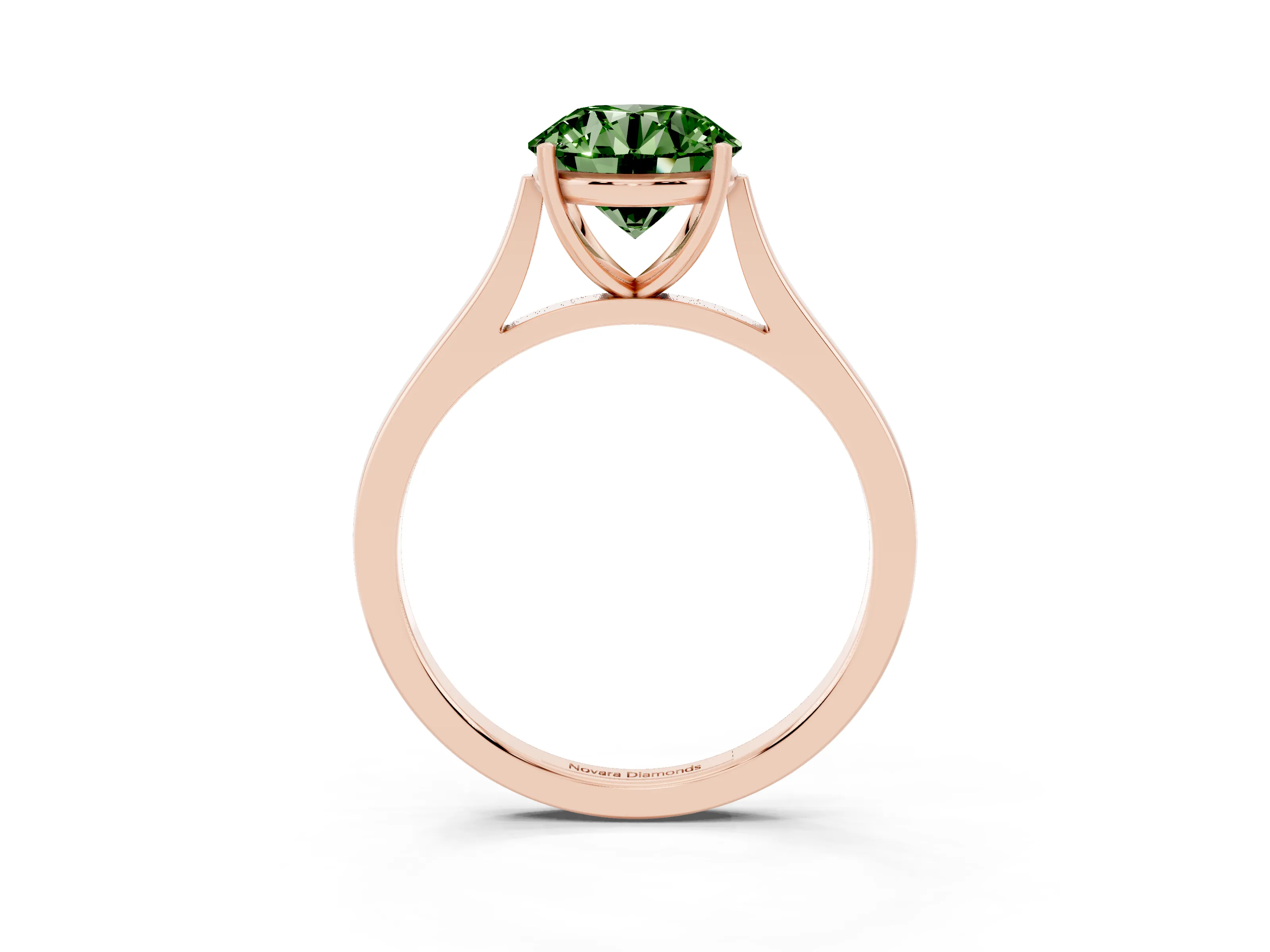 Fancy Green Round Cut Diamond Solitaire Heart Prong Engagement Ring Set in Rose gold with Tapered Band