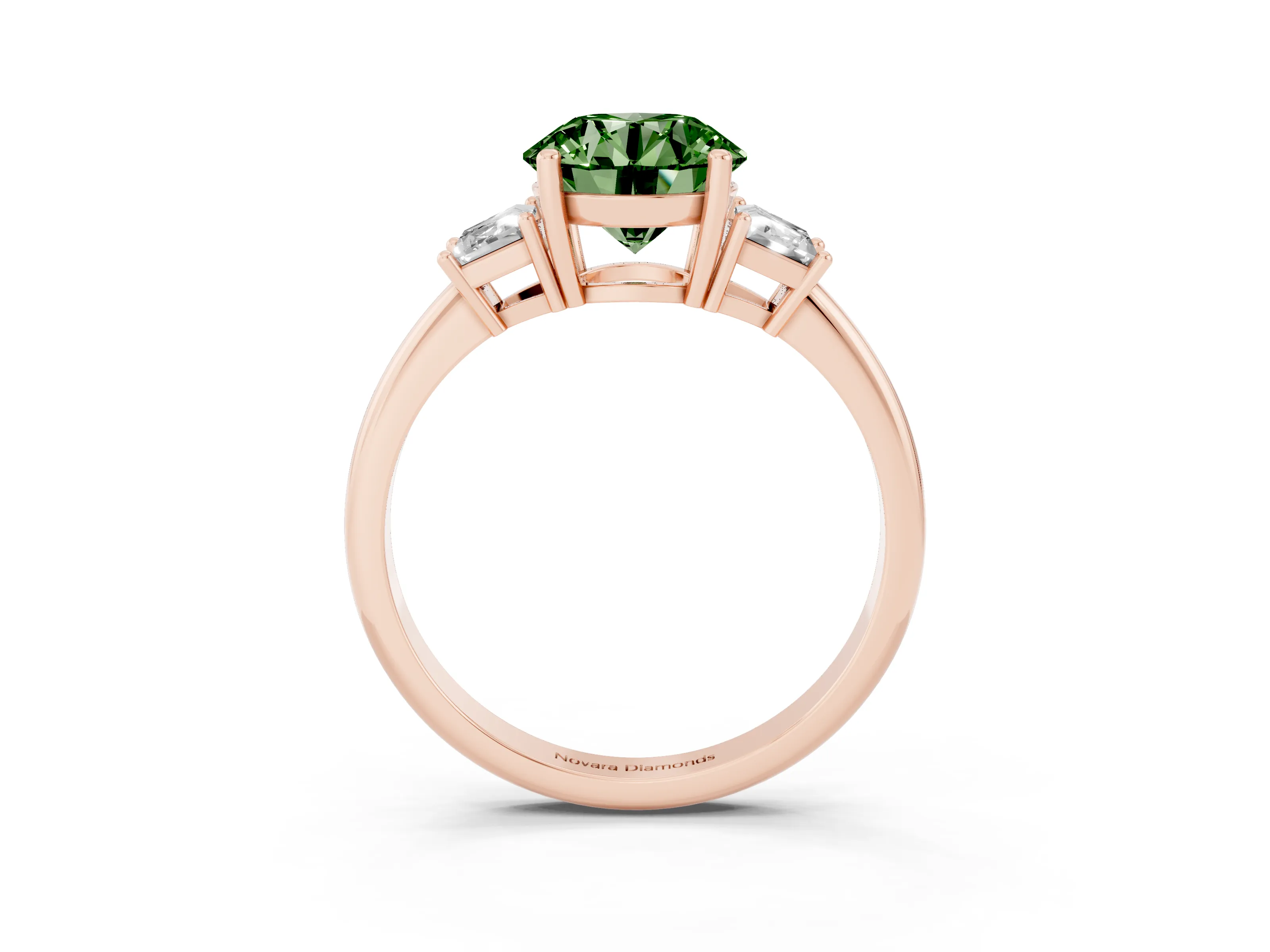 Fancy Green Round Cut Diamond Three-Stone Ring Set in Rose gold with Trapezoid Side Stones and Prong Setting
