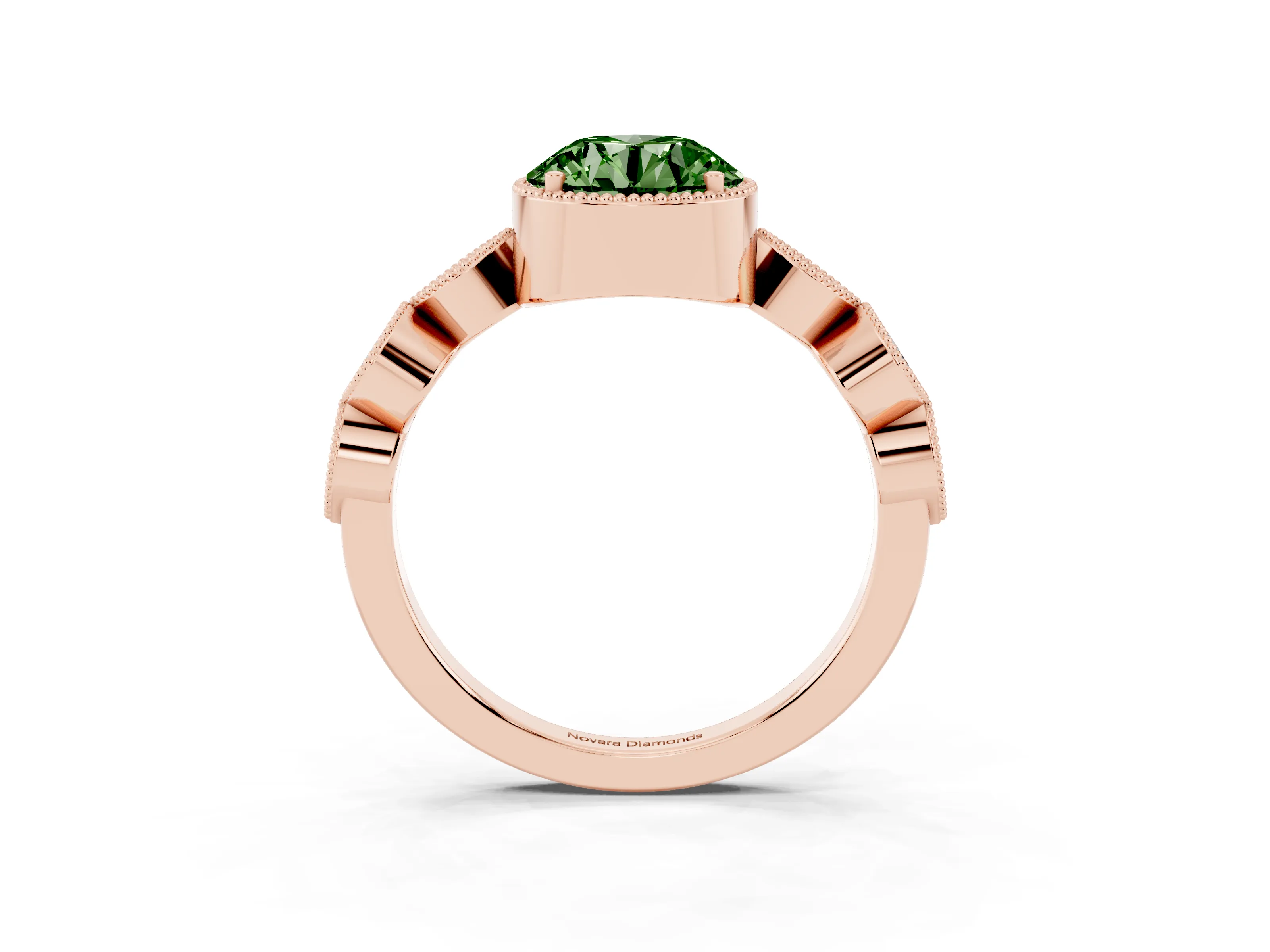 Fancy Green Round Cut Diamond Vintage-Inspired Milgrain Ring Set in Rose gold with Marquise Stations of Round Accents