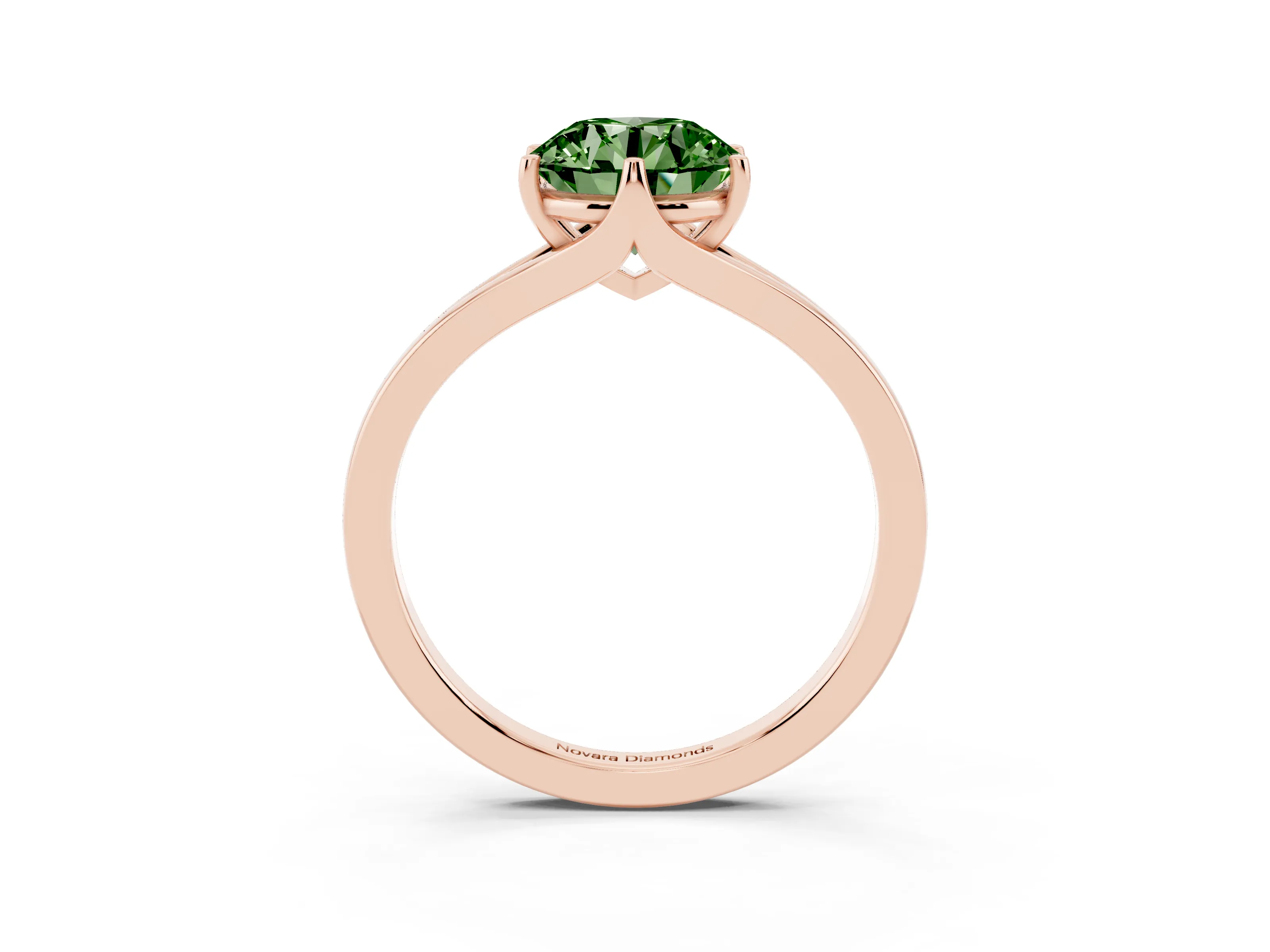 Fancy Green Round Cut Diamond Solitaire Ring Set in Rose gold with Polished Tapered Band and Prong Setting
