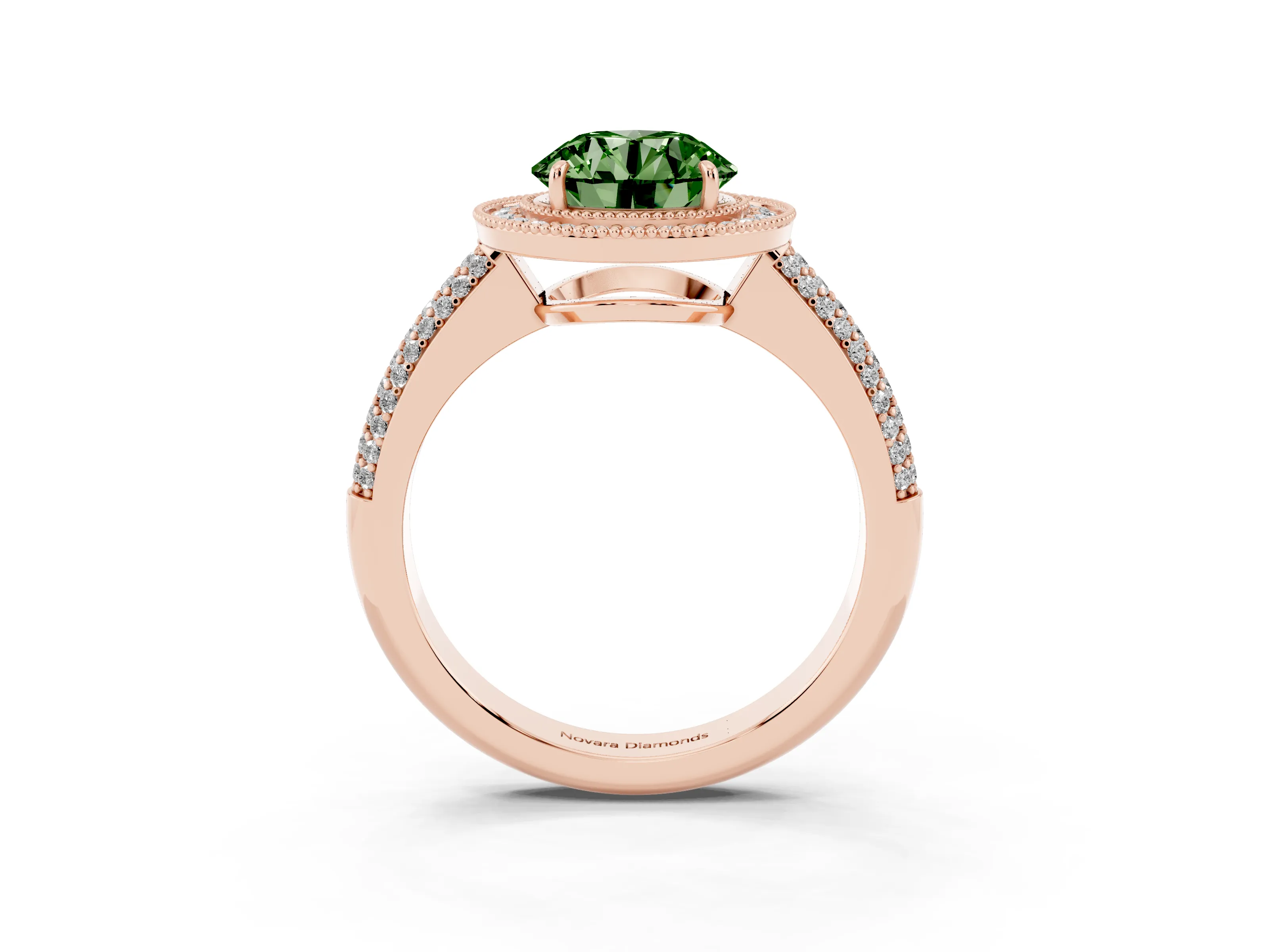 Fancy Green Round Cut Diamond Halo Pavé Band Set in Rose gold with Prong Setting