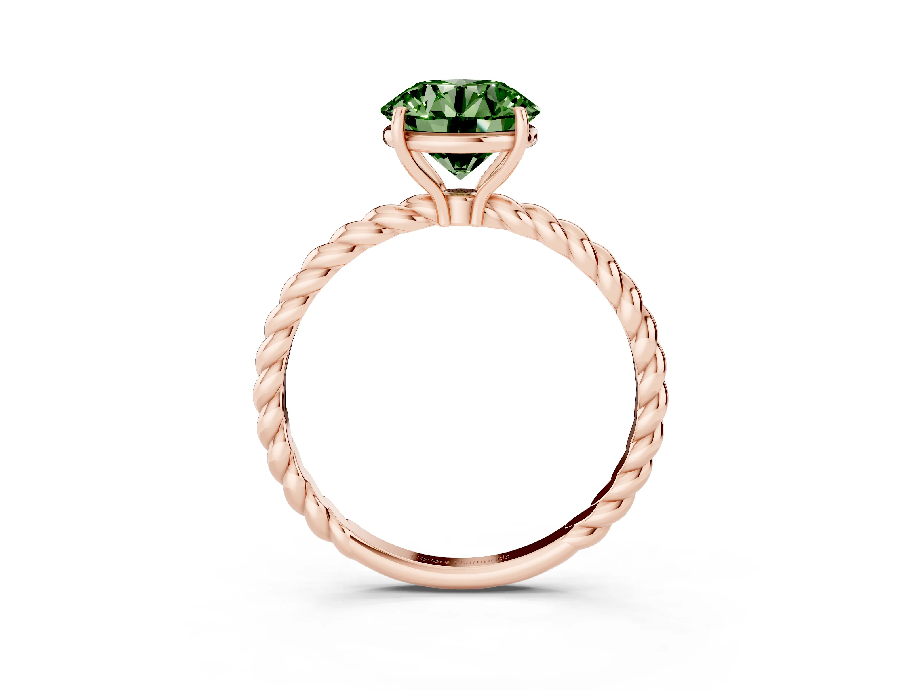 Fancy Green Round Cut Diamond Solitaire Ring Set in Rose gold with Twist Band and Prong Setting