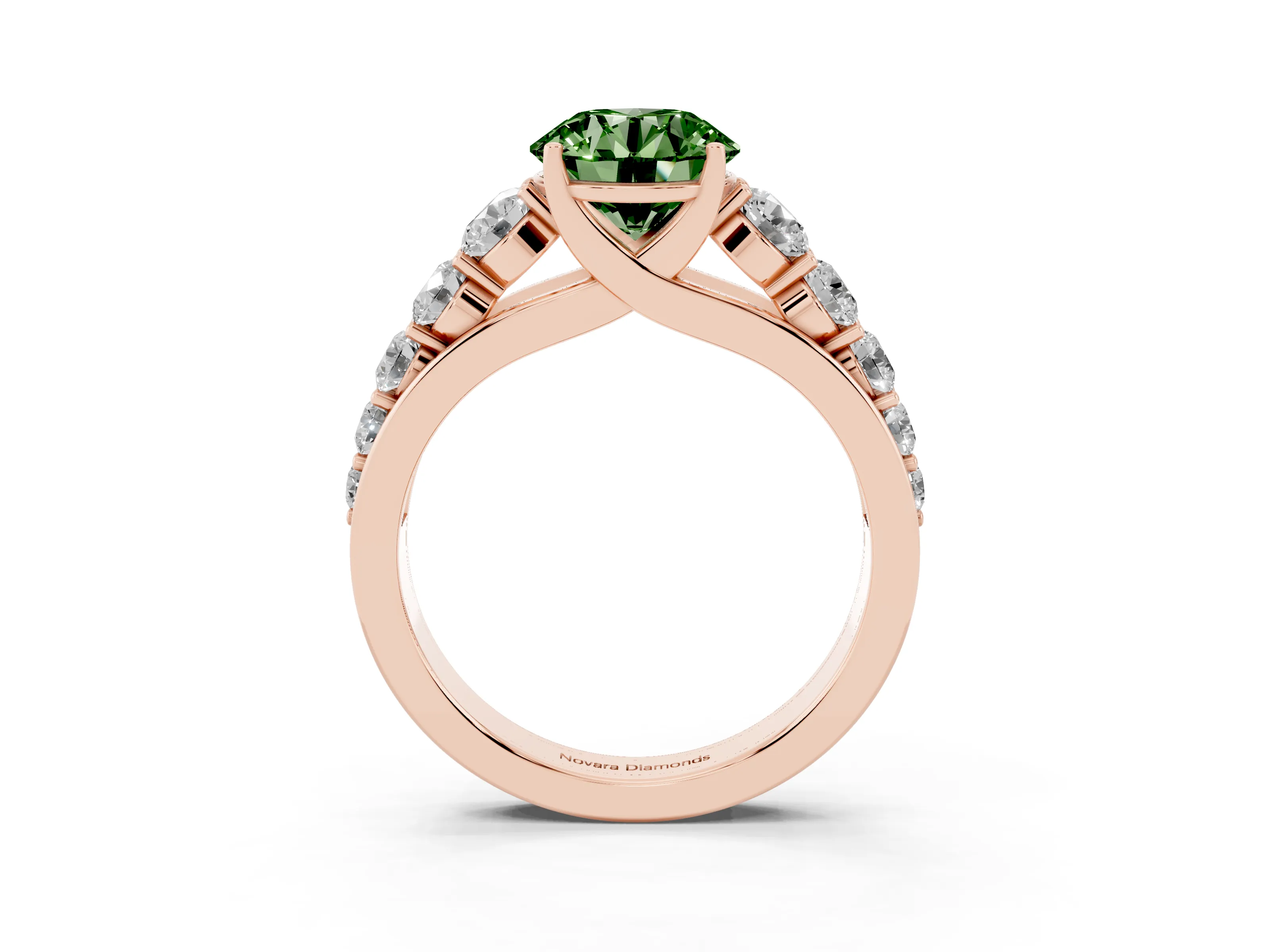Fancy Green Round Cut Diamond Solitaire Ring Set in Rose gold with Pavé-Set Band and Prong Setting