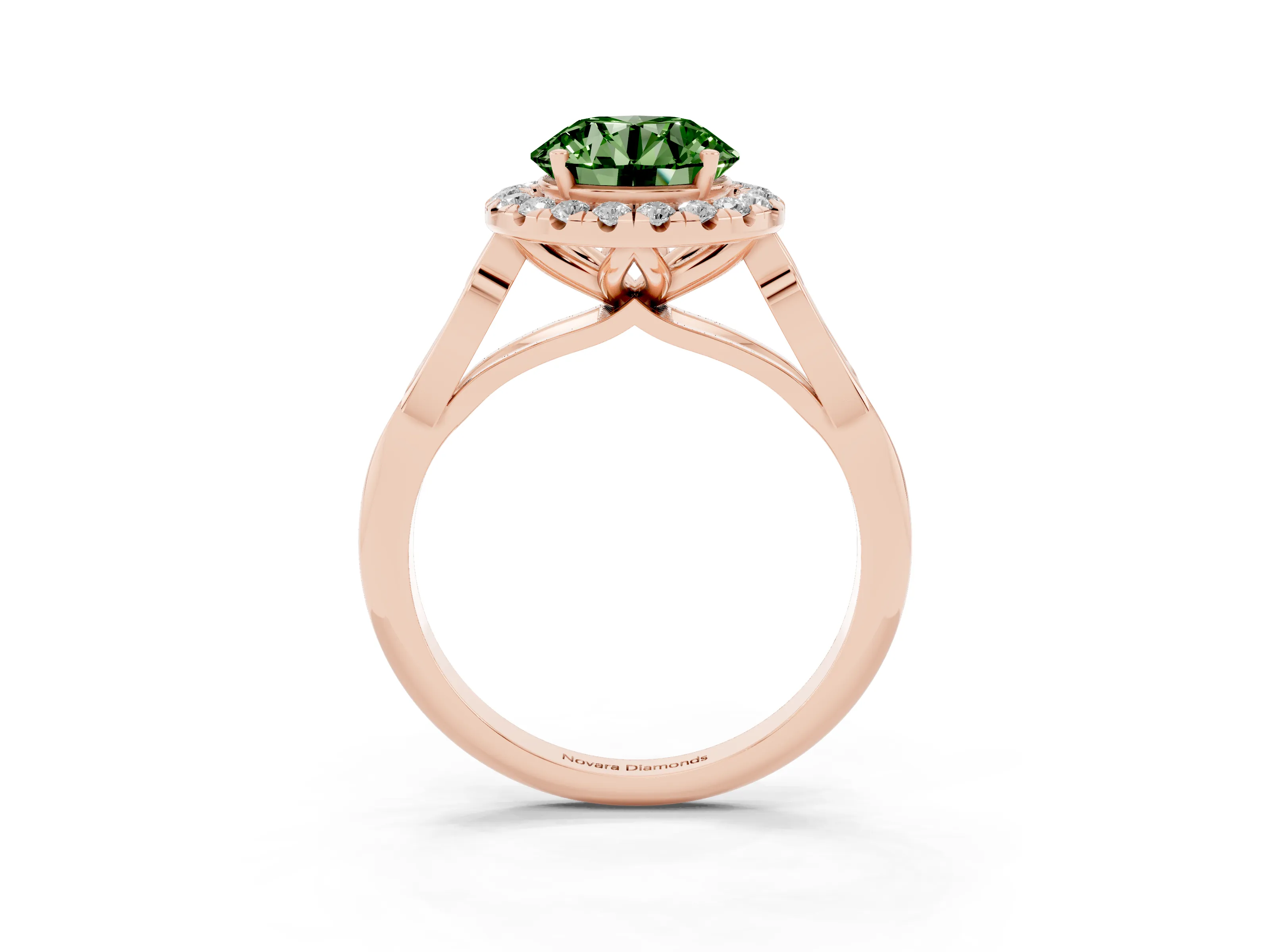 Fancy Green Round Cut Diamond Halo Engagement Ring Set in Rose gold with Filigree Band and Prong-Set Center