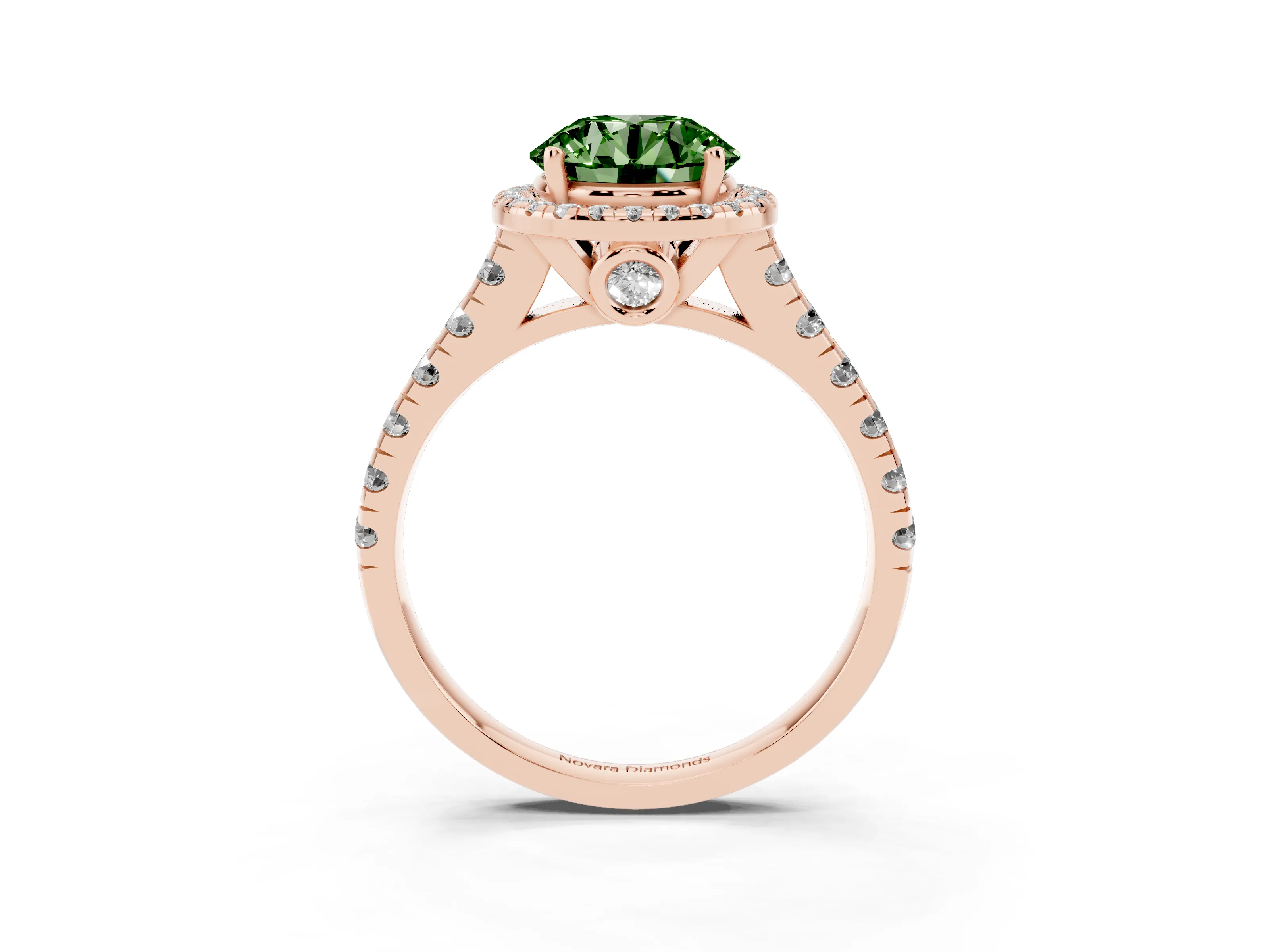 Fancy Green Round Cut Diamond Halo Engagement Ring Set in Rose gold with Pavé Band and Prong-Set Center