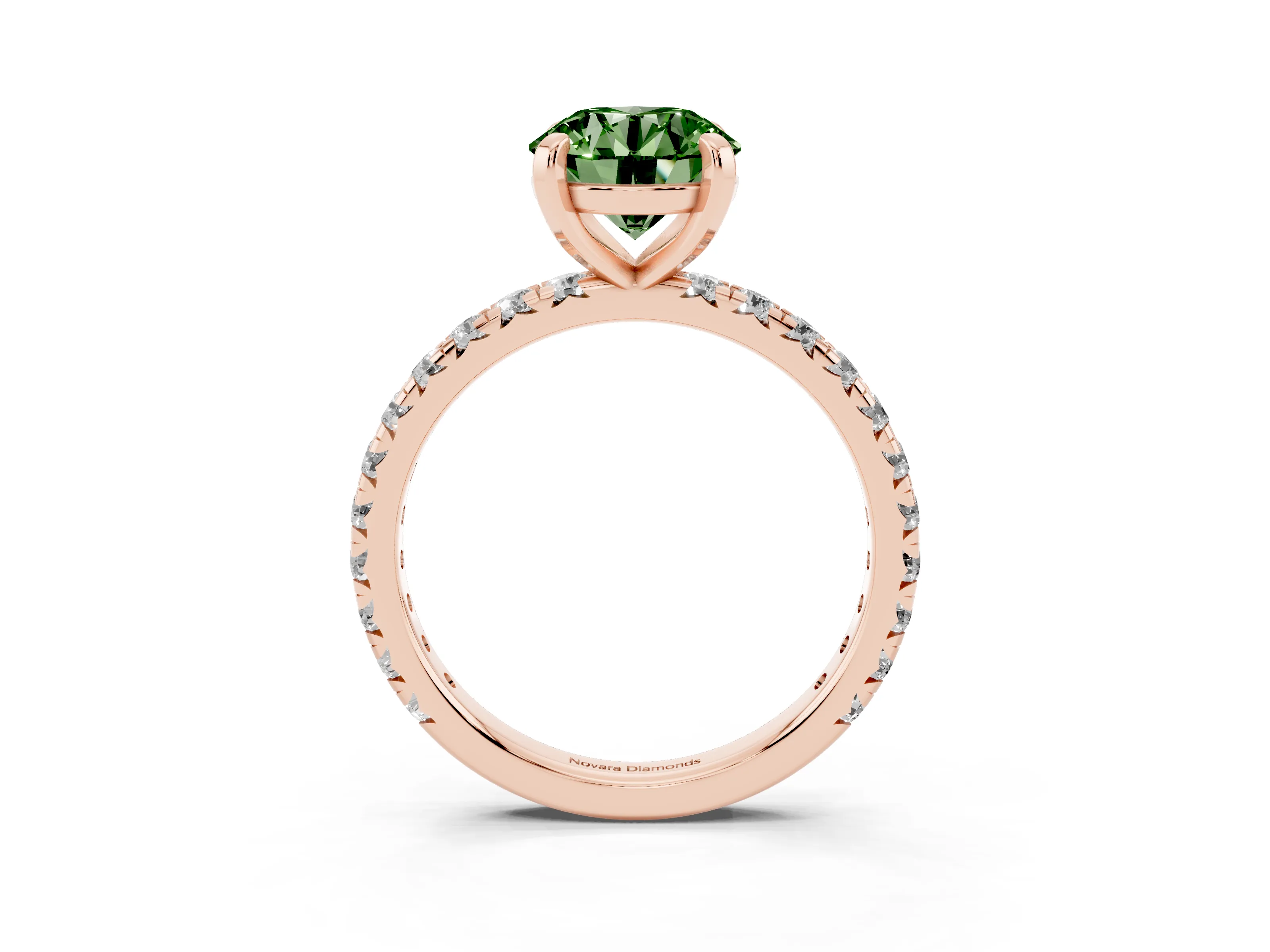 Fancy Green Round Cut Diamond Pavé Solitaire Ring Set in Rose gold with Round Band and Prong Setting