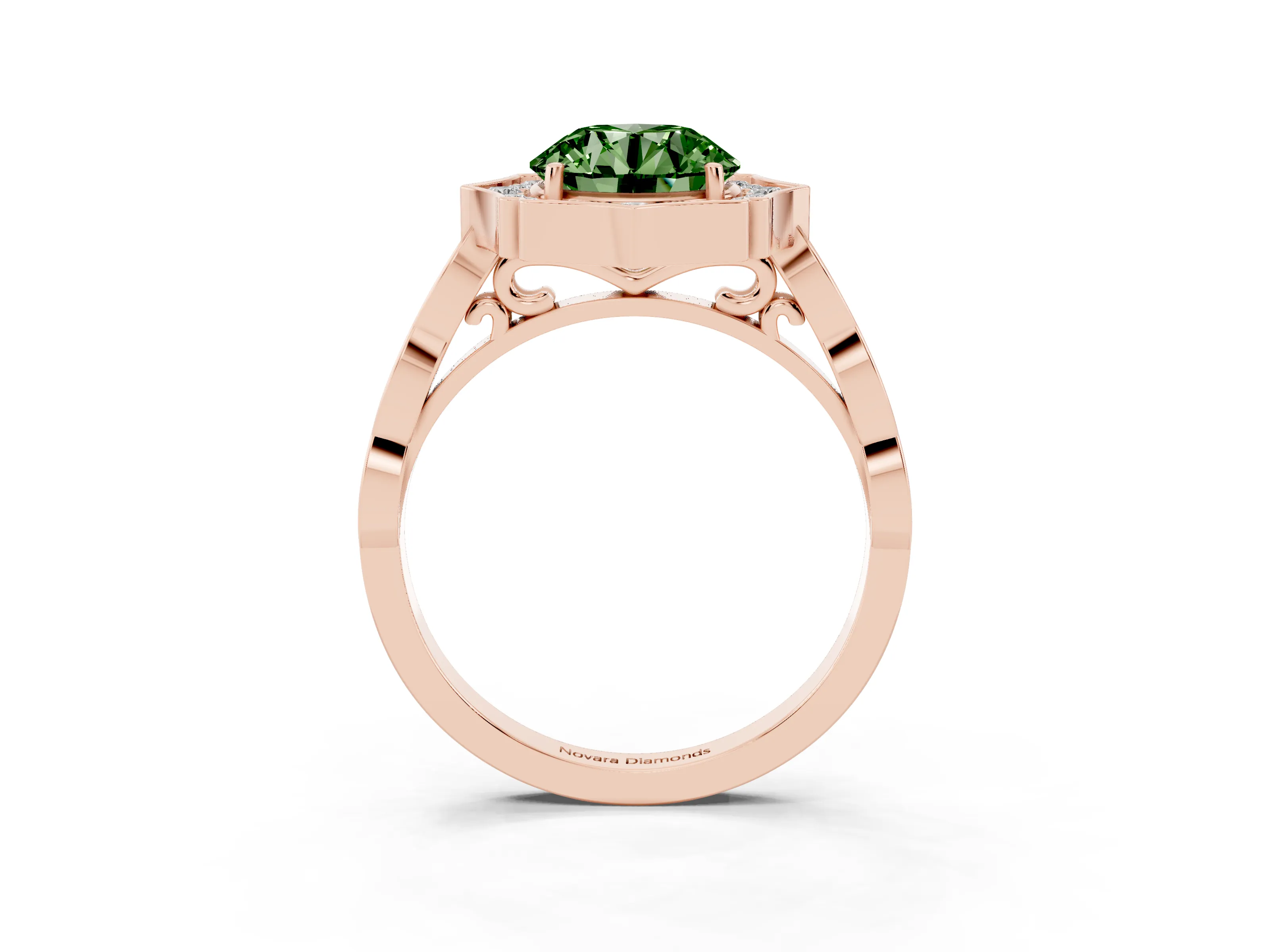 Fancy Green Round Cut Diamond Halo Engagement Ring Set in Rose gold with Milgrain Band and Prong Setting