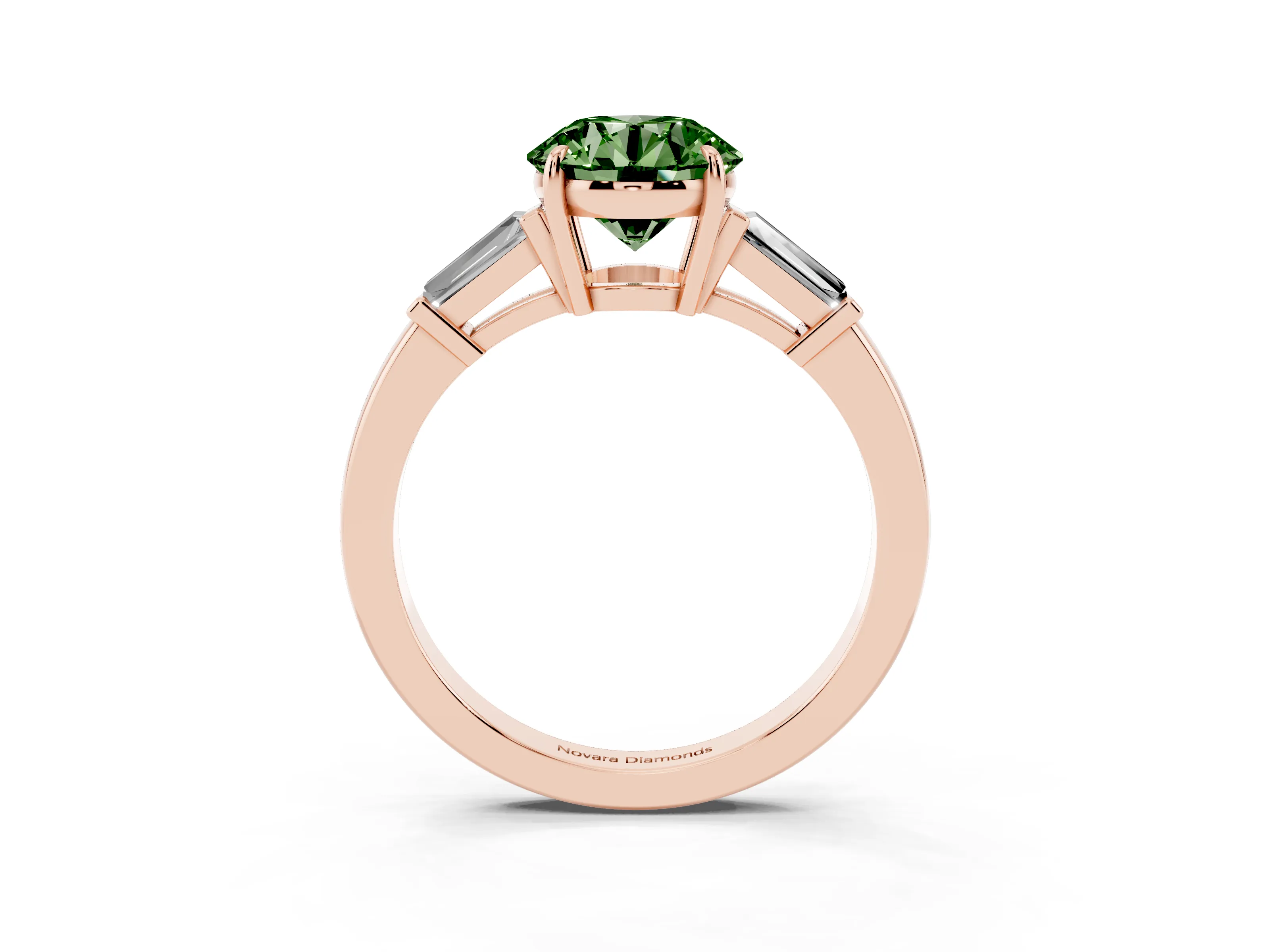 Fancy Green Round Cut Diamond Three-Stone Ring Set in Rose gold with Tapered Baguette Side Stones and Prong Setting