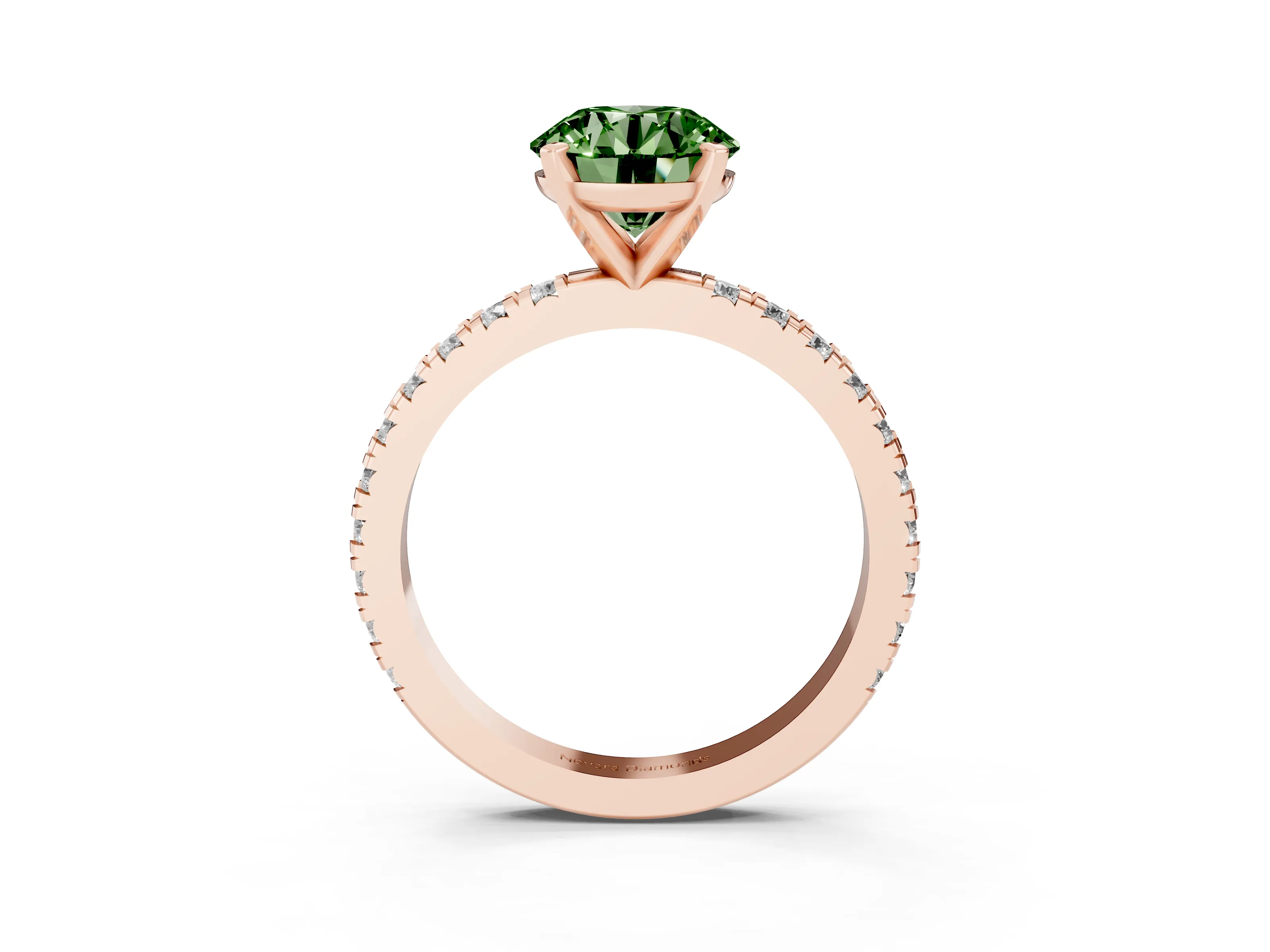 Fancy Green Round Cut Diamond Pavé Band Solitaire Set in Rose gold with Prong Setting