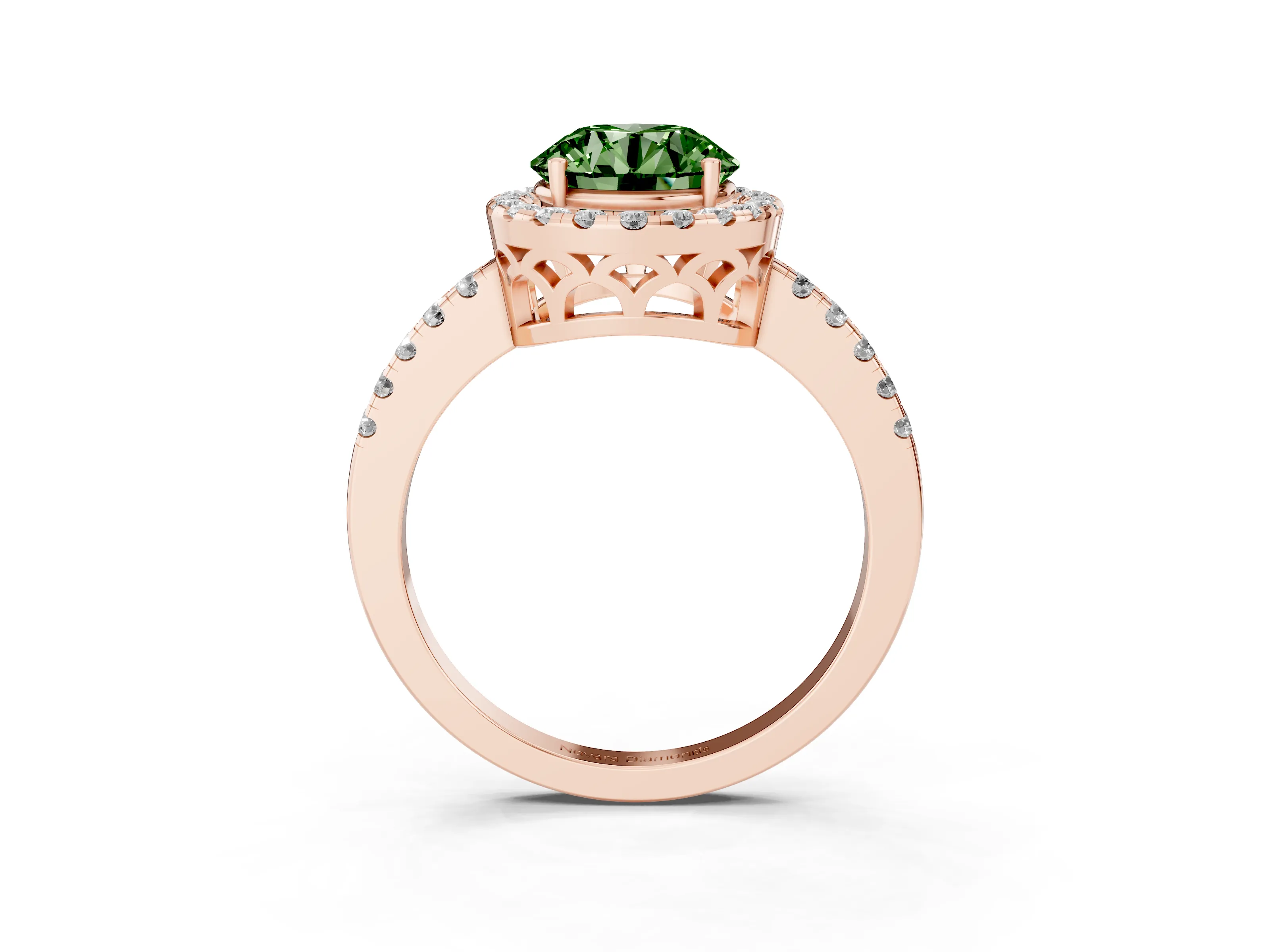Fancy Green Round Cut Diamond Pavé Band Halo Engagement Ring Set in Rose gold with Prong Setting