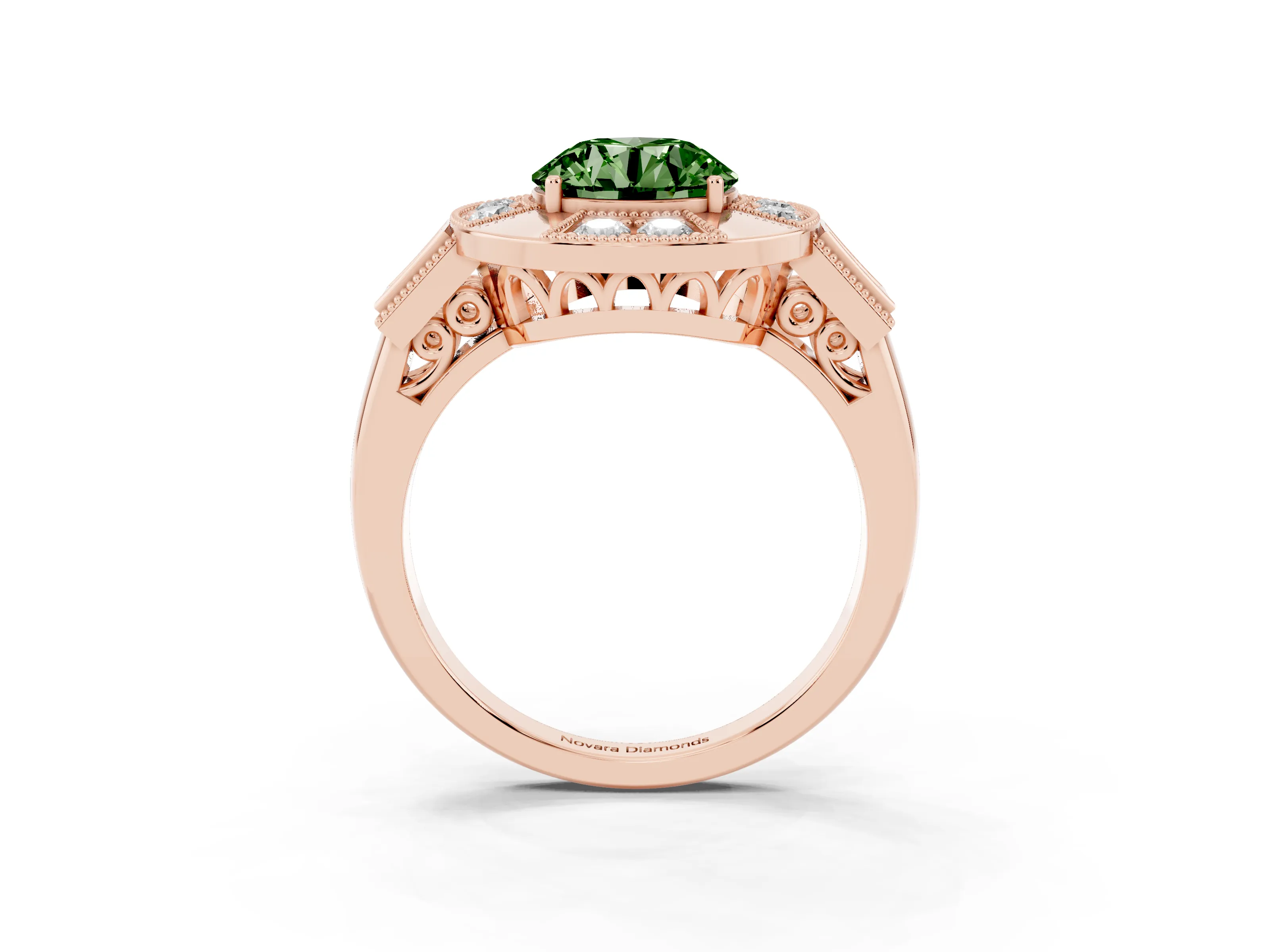 Fancy Green Round Cut Diamond Milgrain Halo Ring Set in Rose gold with Split Shank