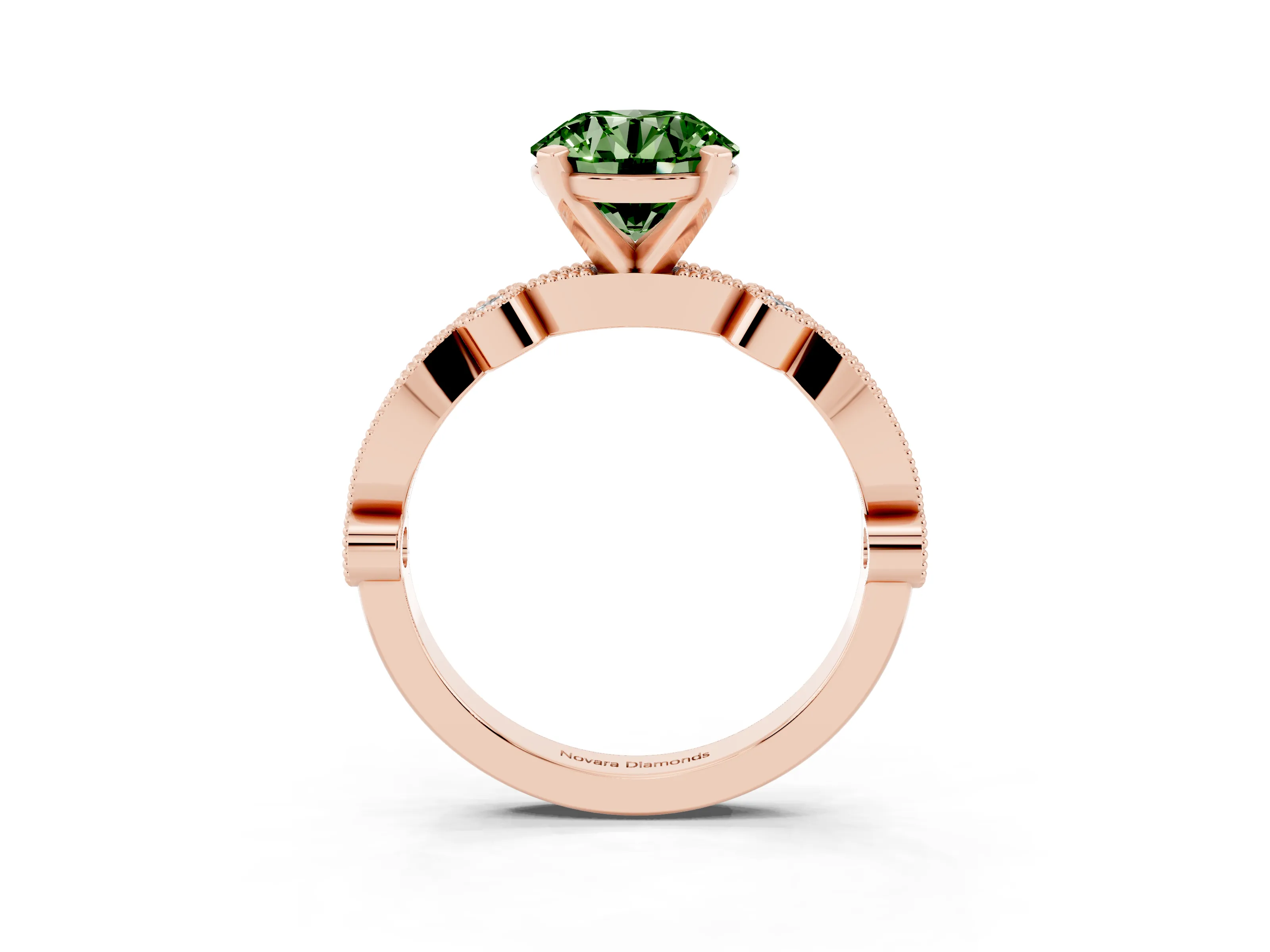 Fancy Green Round Cut Diamond Solitaire Engagement Ring Set in Rose gold with Milgrain Bezel Accent Band