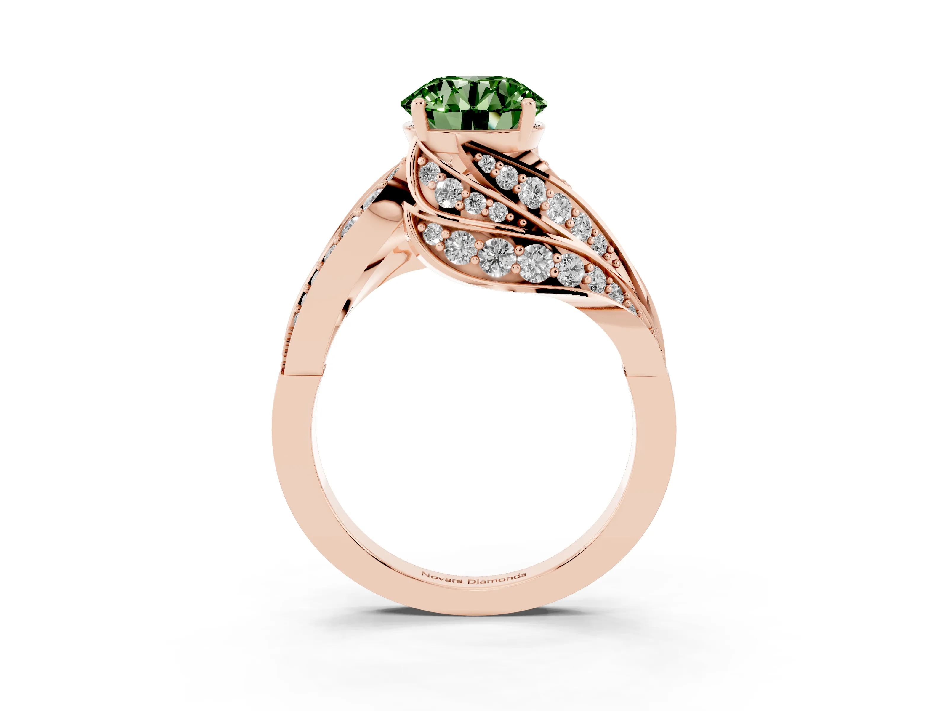 Fancy Green Round Cut Diamond Solitaire Ring Set in Rose gold with Layered Twist Pavé Band