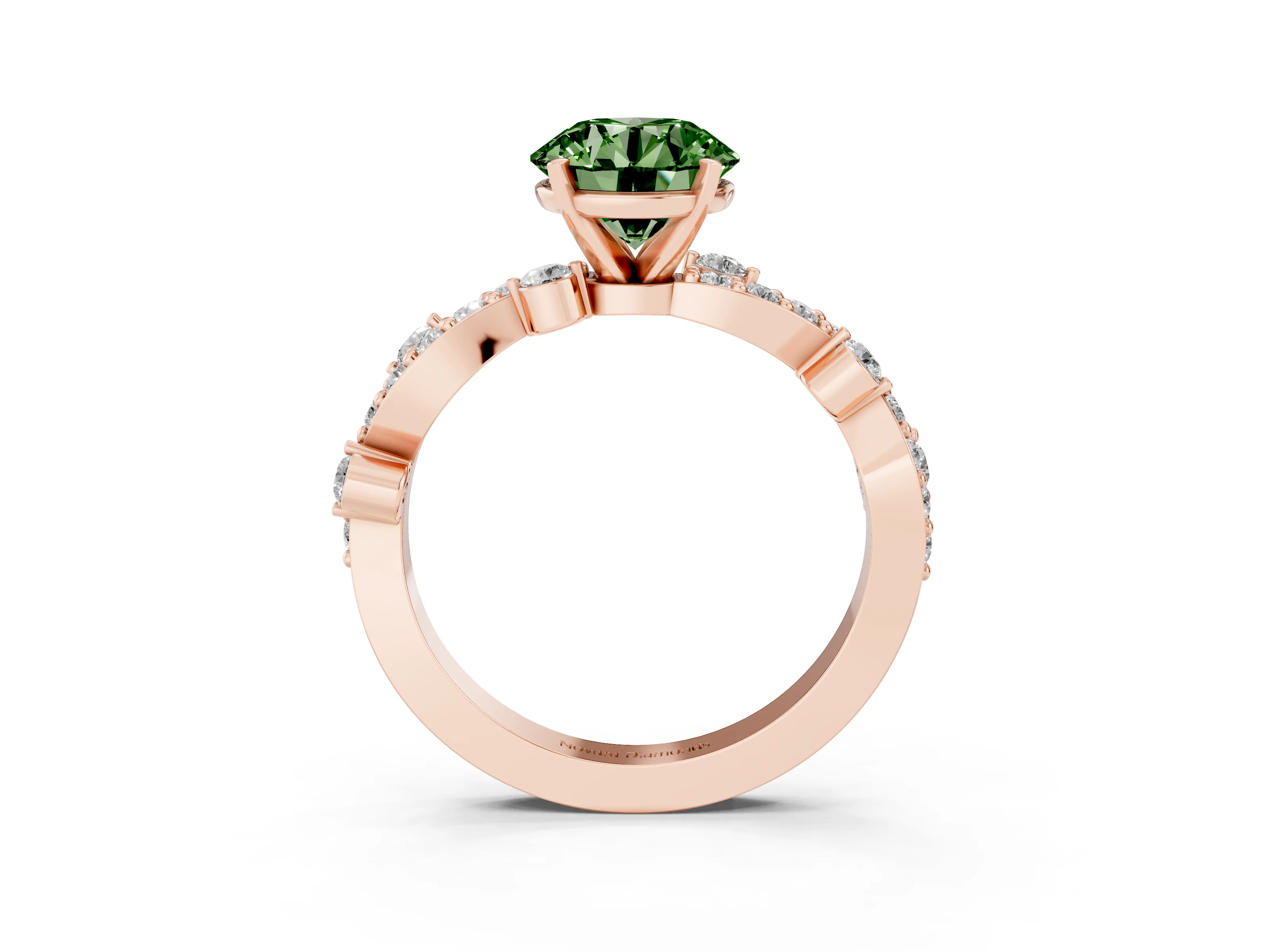 Fancy Green Round Cut Diamond Solitaire Twisted Band Set in Rose gold with Pavé Setting