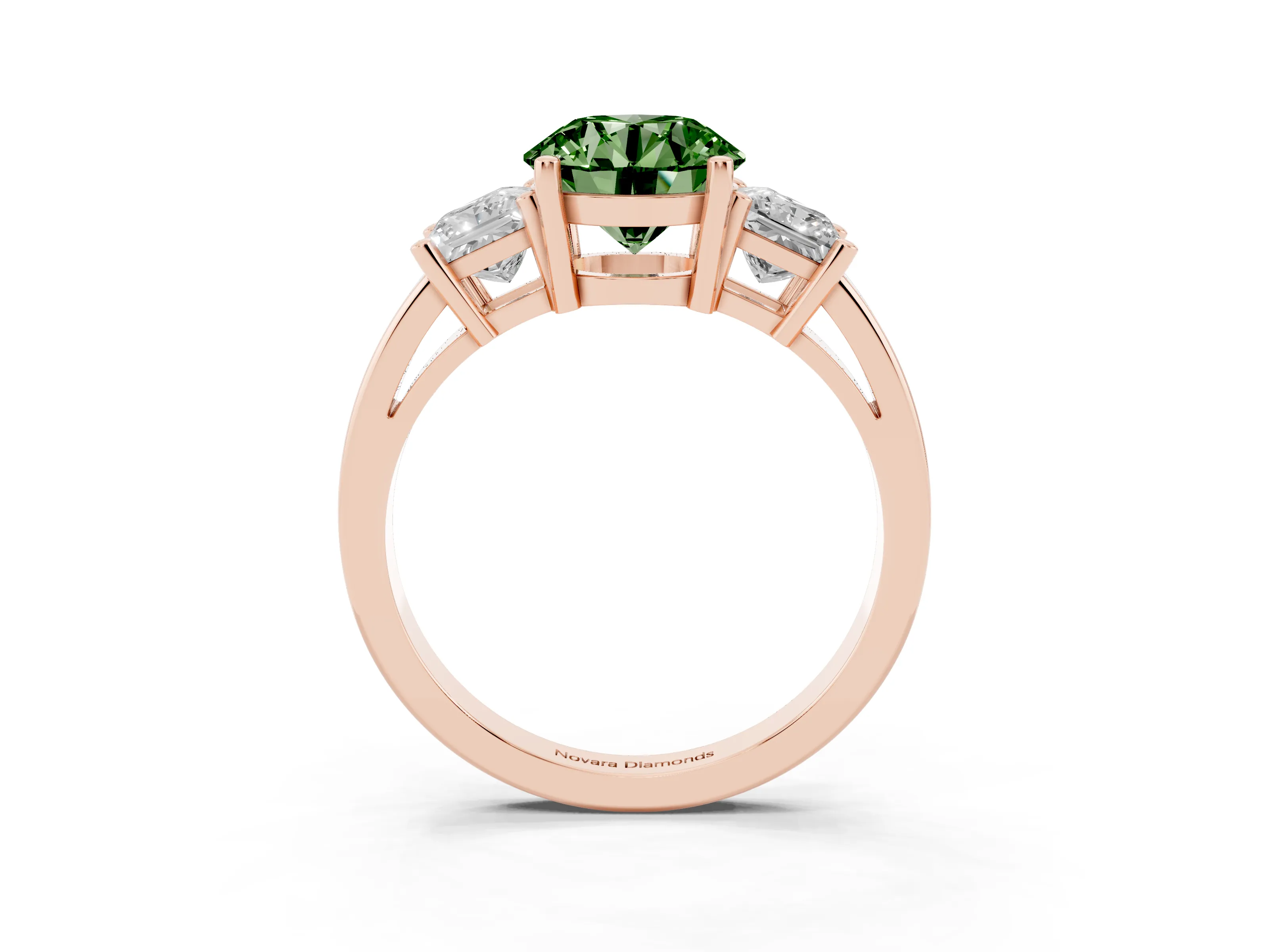 Fancy Green Three-Stone Round Cut Diamond Solitaire Ring Set in Rose gold with Prong Setting