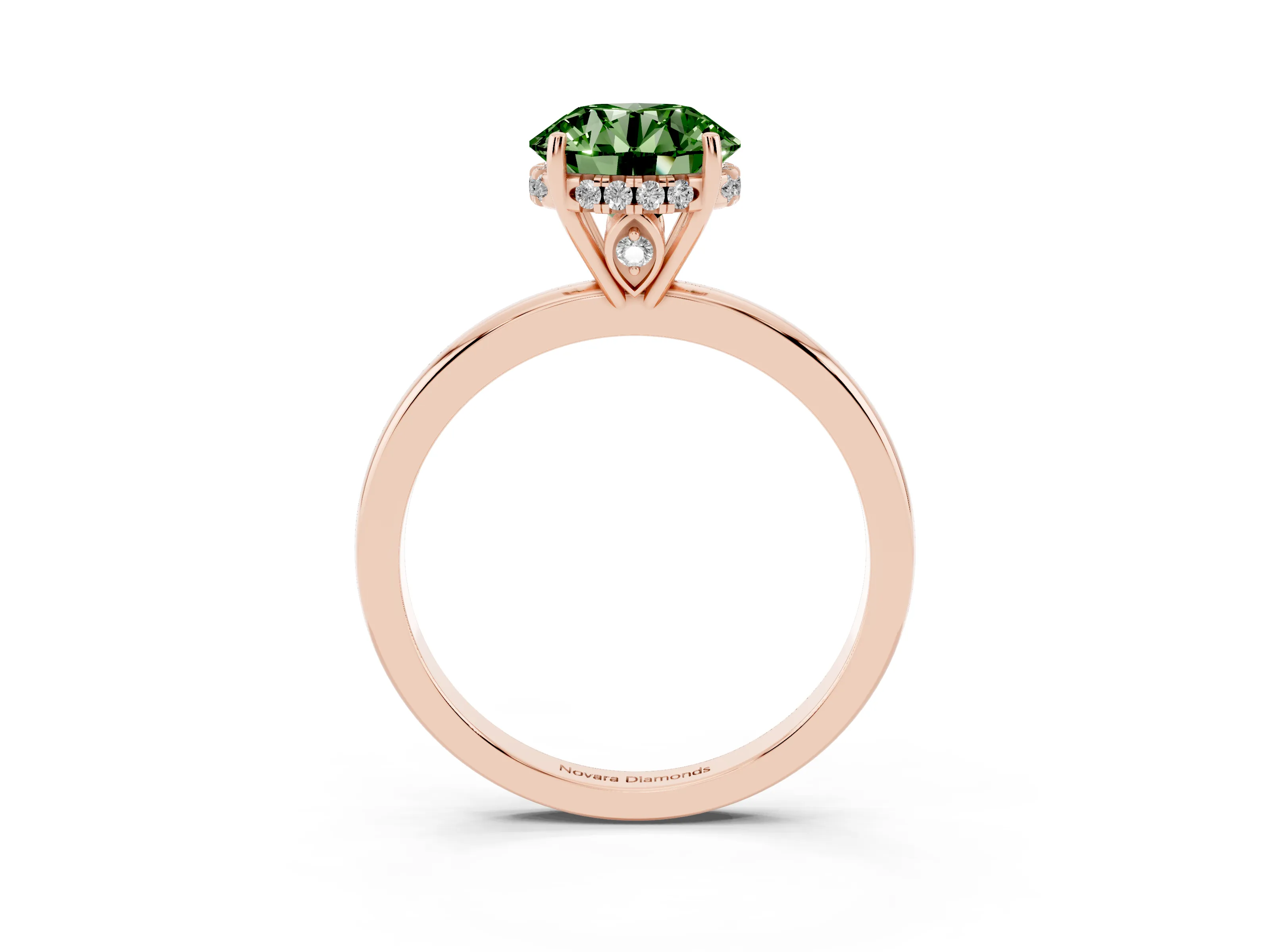 Fancy Green Round Cut Diamond Solitaire Ring Set in Rose gold with Plain Band and Prong Setting