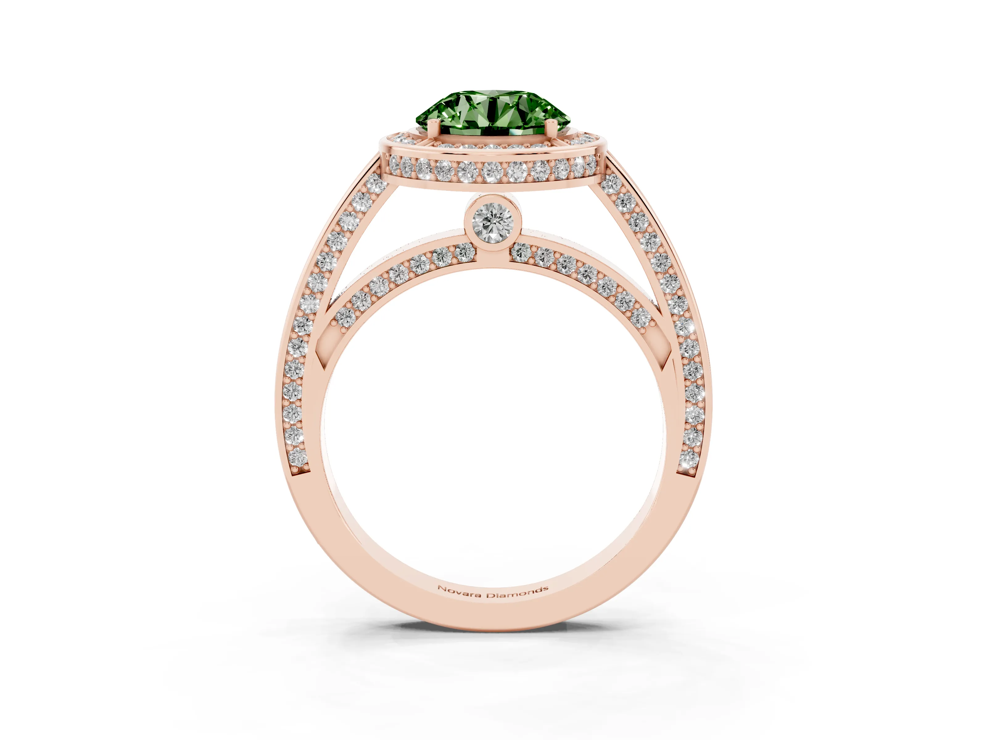 Fancy Green Round Cut Diamond Halo Pavé Split Shank Ring Set in Rose gold with Prong Setting
