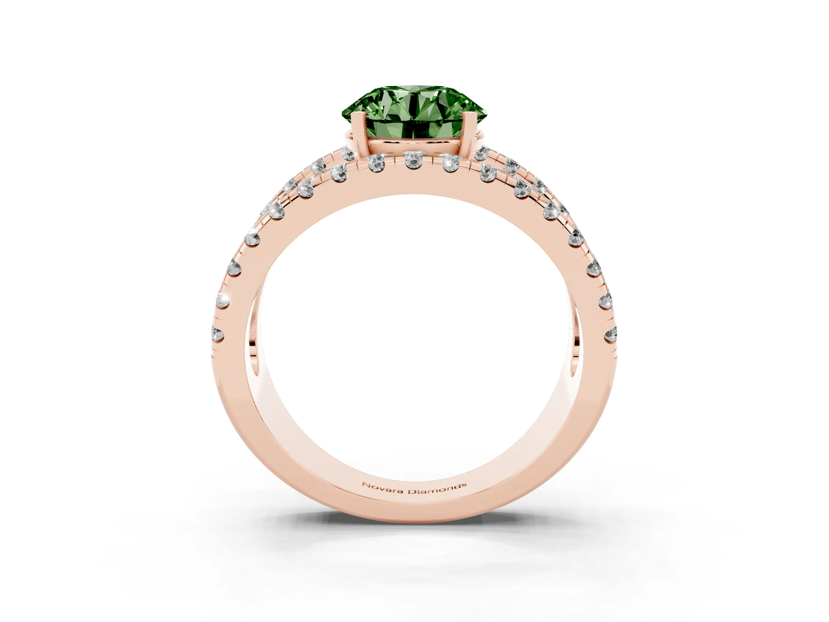 Fancy Green Round Cut Diamond Split Shank Pavé Solitaire Ring Set in Rose gold with Open Shank Design