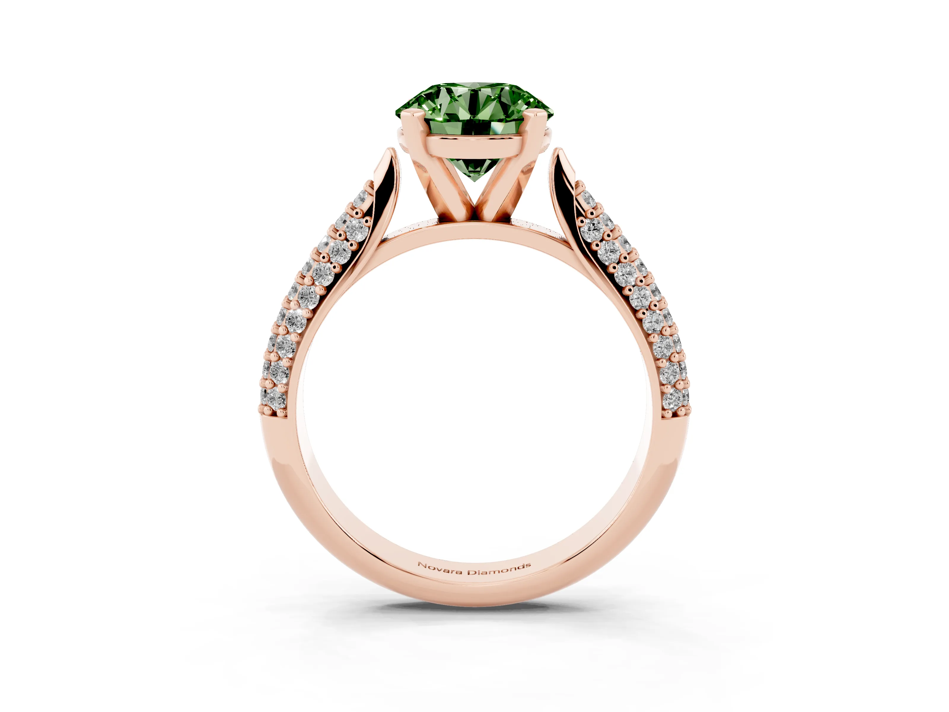 Fancy Green Round Cut Diamond Solitaire Engagement Ring Set in Rose gold with Multi-Row Round Pavé Band and Prong Setting
