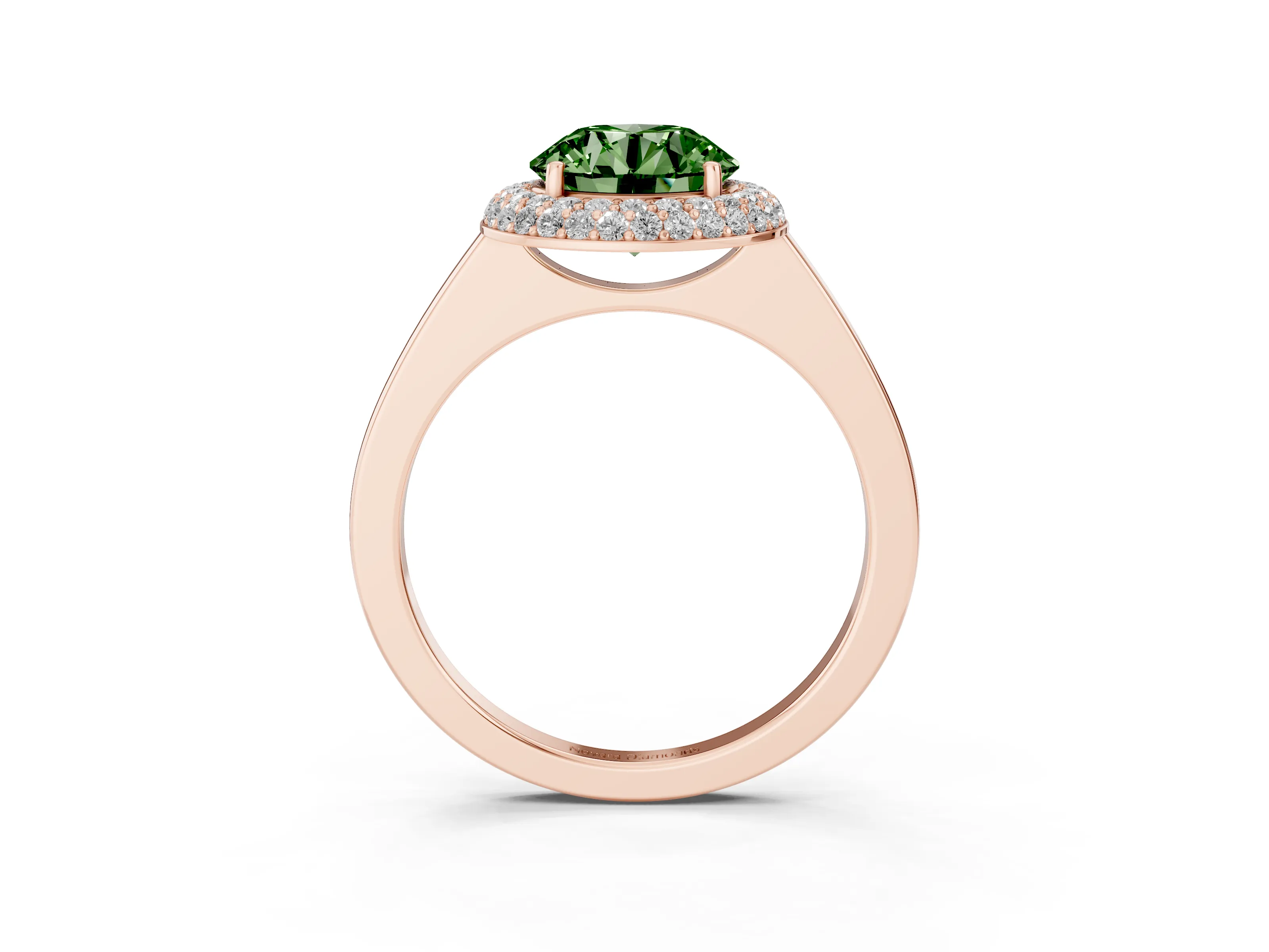Fancy Green Round Cut Diamond Halo Engagement Ring Set in Rose gold with Solitaire Band and Prong Setting