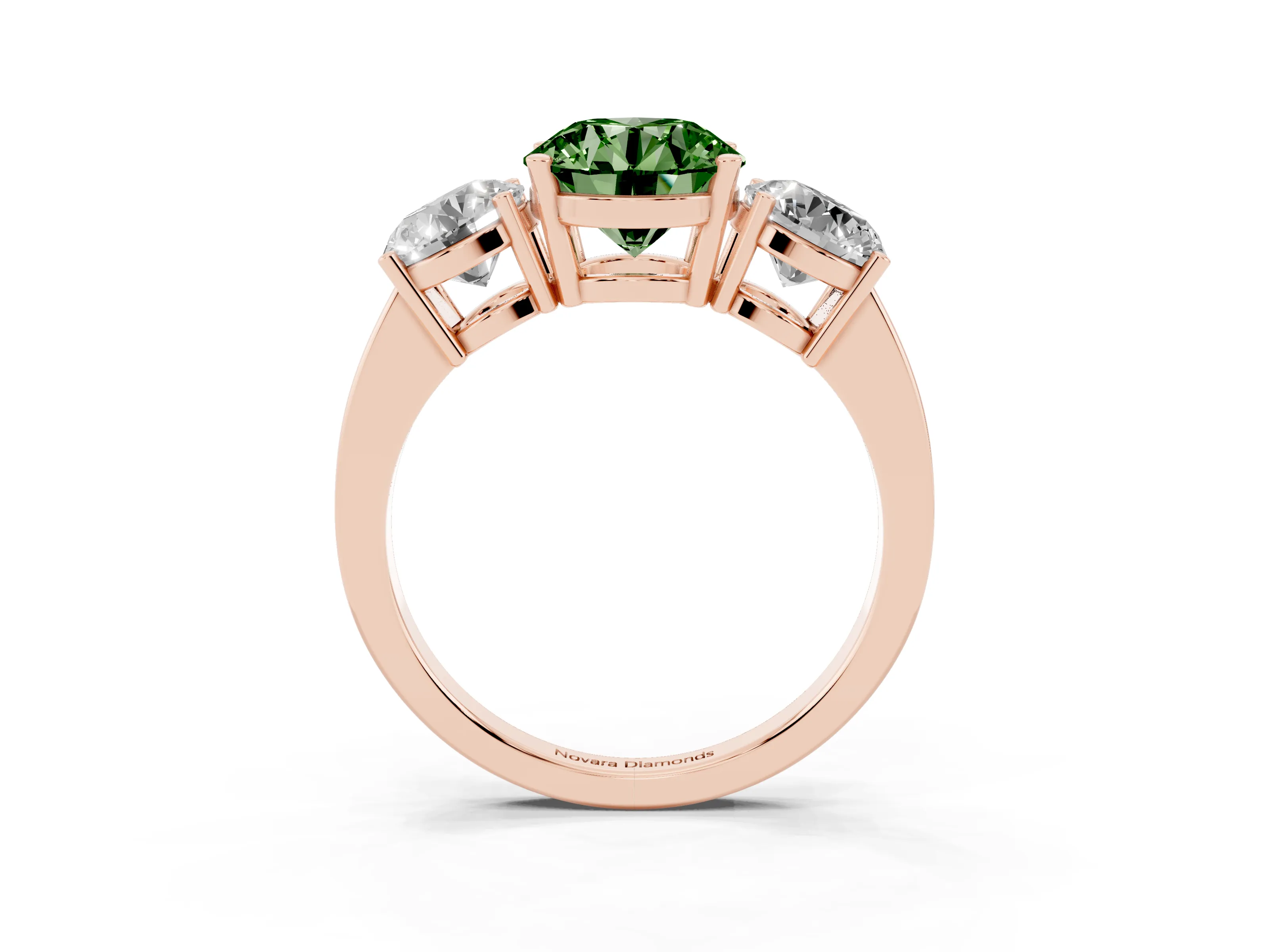 Fancy Green Round Cut Diamond Three-Stone Engagement Ring Set in Rose gold with Flat Band