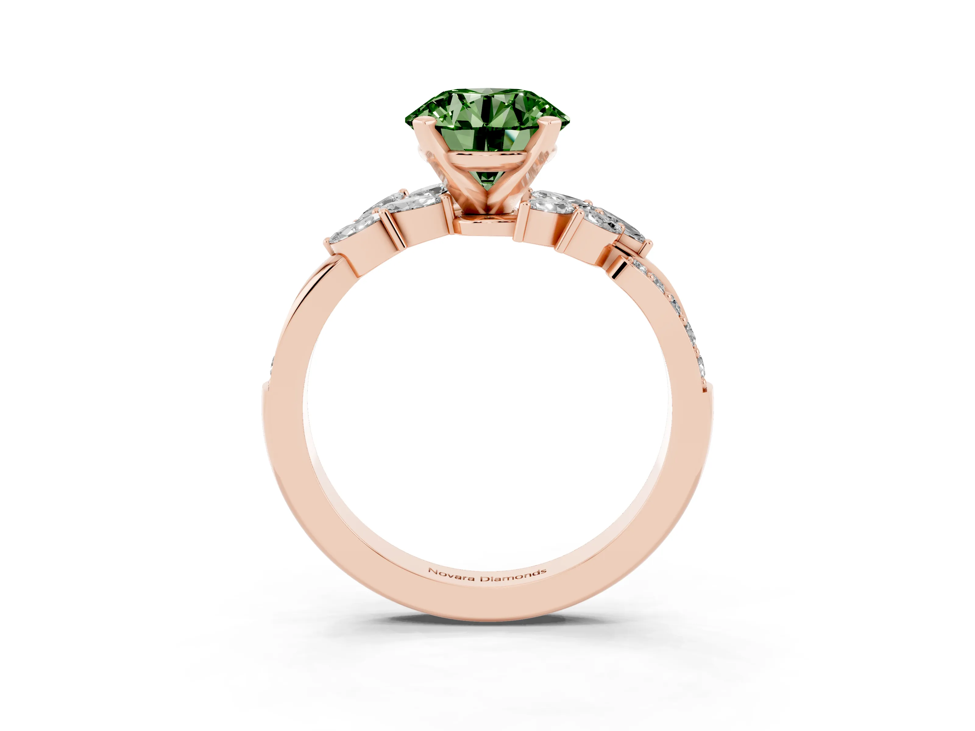 Fancy Green Round Cut Diamond Solitaire Ring Set in Rose gold with Marquise Twist Band and Prong Setting