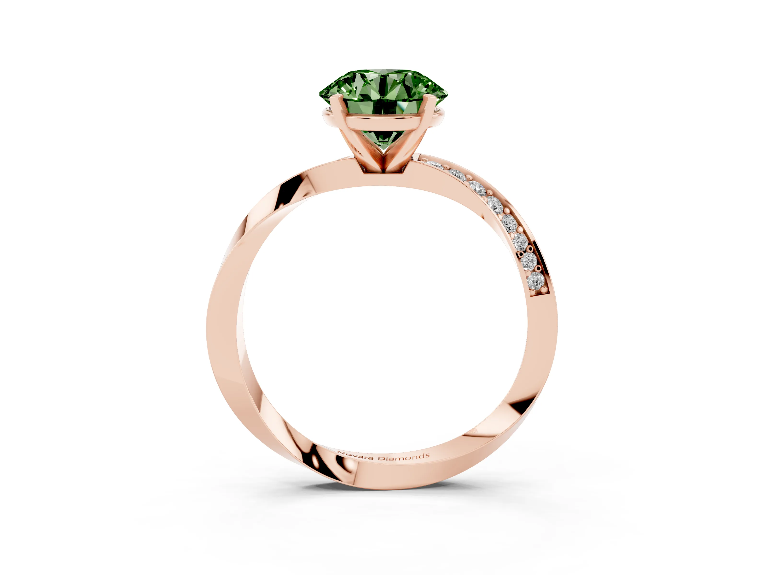 Fancy Green Round Cut Diamond Engagement Ring Set in Rose gold with Side Stone Accents and Prong Setting