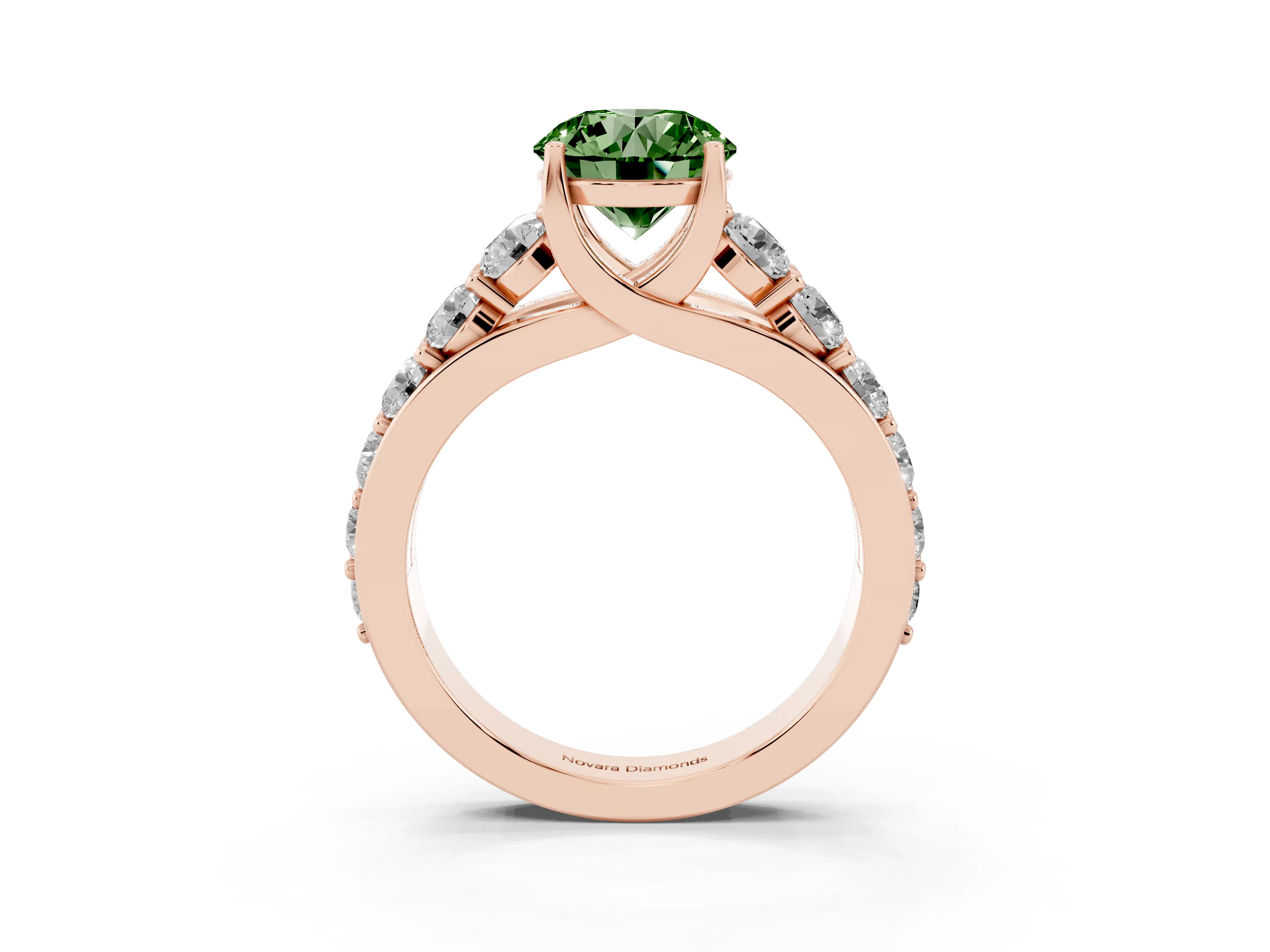 Fancy Green Round Cut Diamond Pavé Engagement Ring Set in Rose gold with Prong Setting