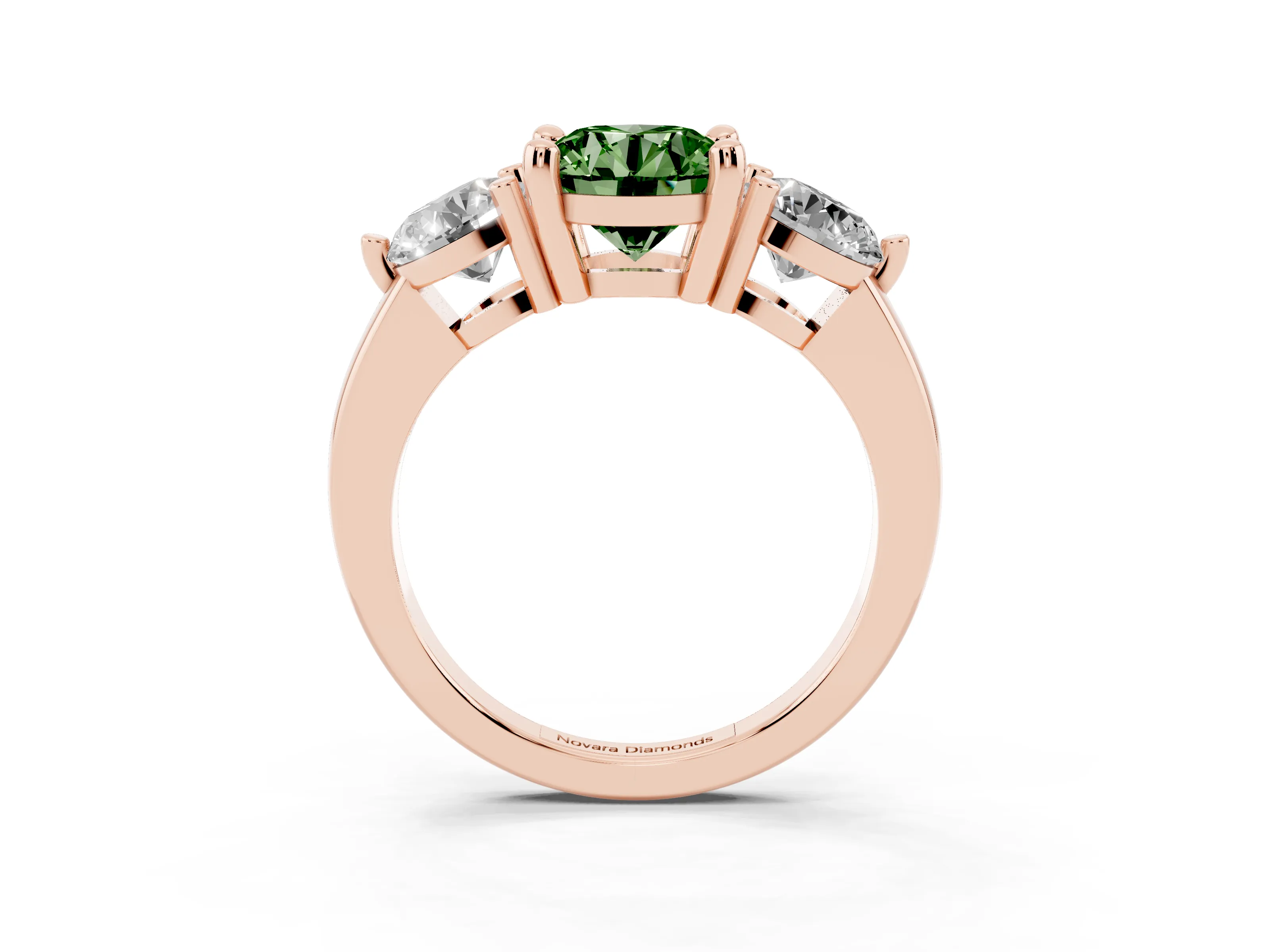 Fancy Green Round Cut Diamond Three-Stone Ring Set in Rose gold with Prong Setting and Classic Band
