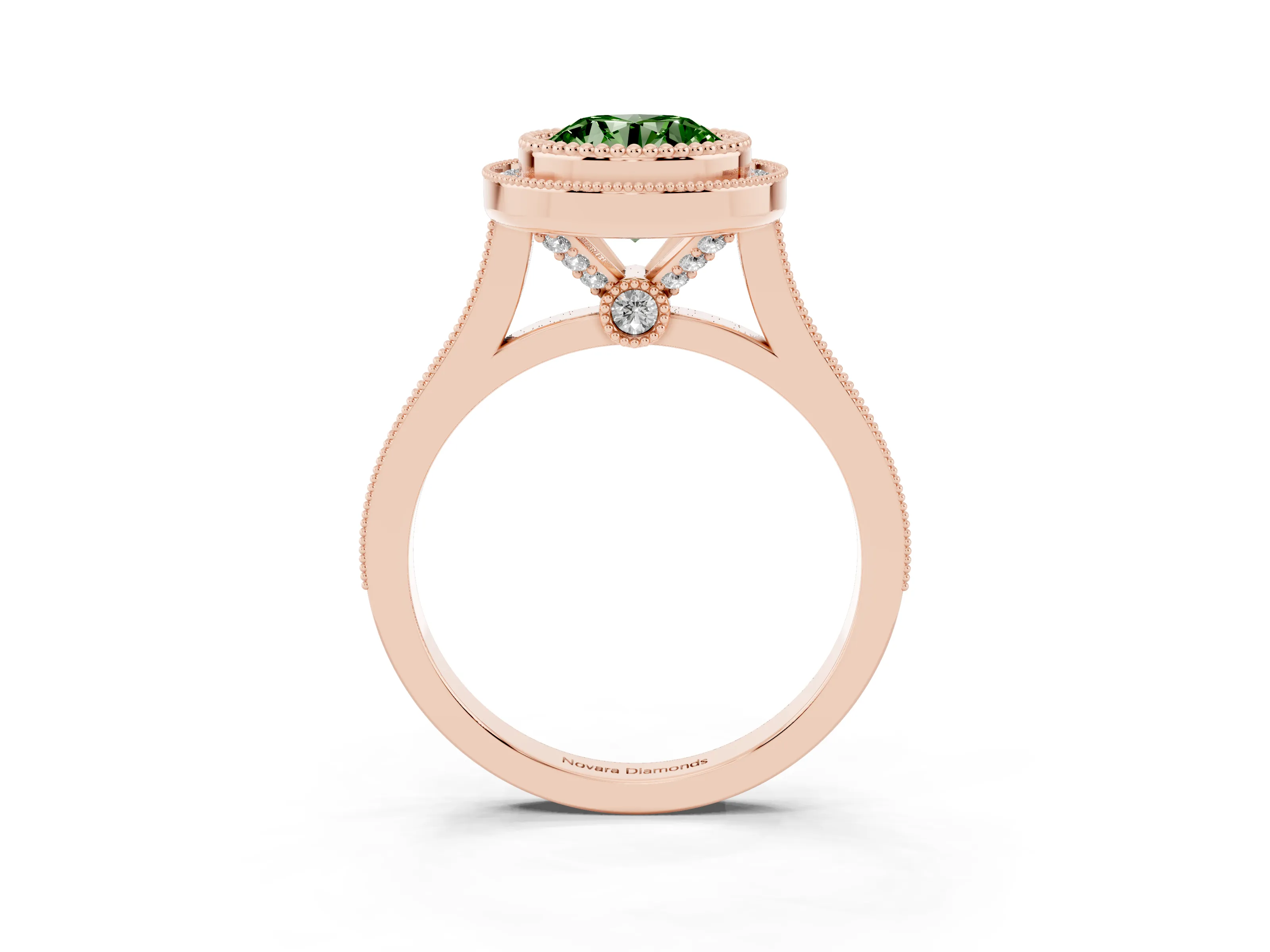 Fancy Green Round Cut Diamond Halo Ring Set in Rose gold with Milgrain Frame and Pavé Band