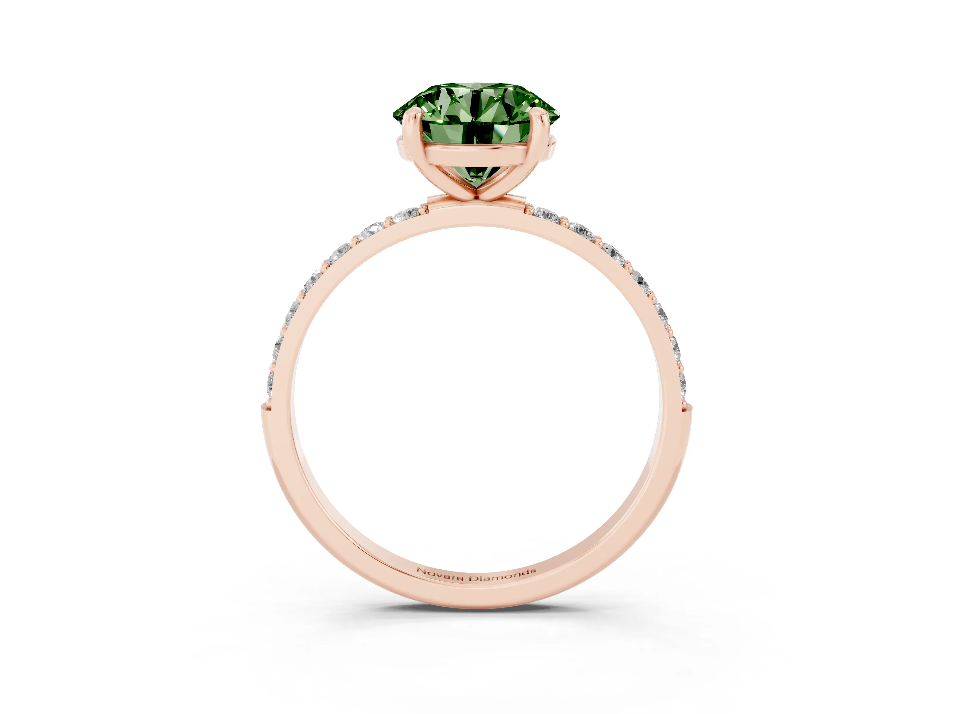 Fancy Green Round Cut Diamond Solitaire Ring Set in Rose gold with Round Pavé Band and Prong Setting